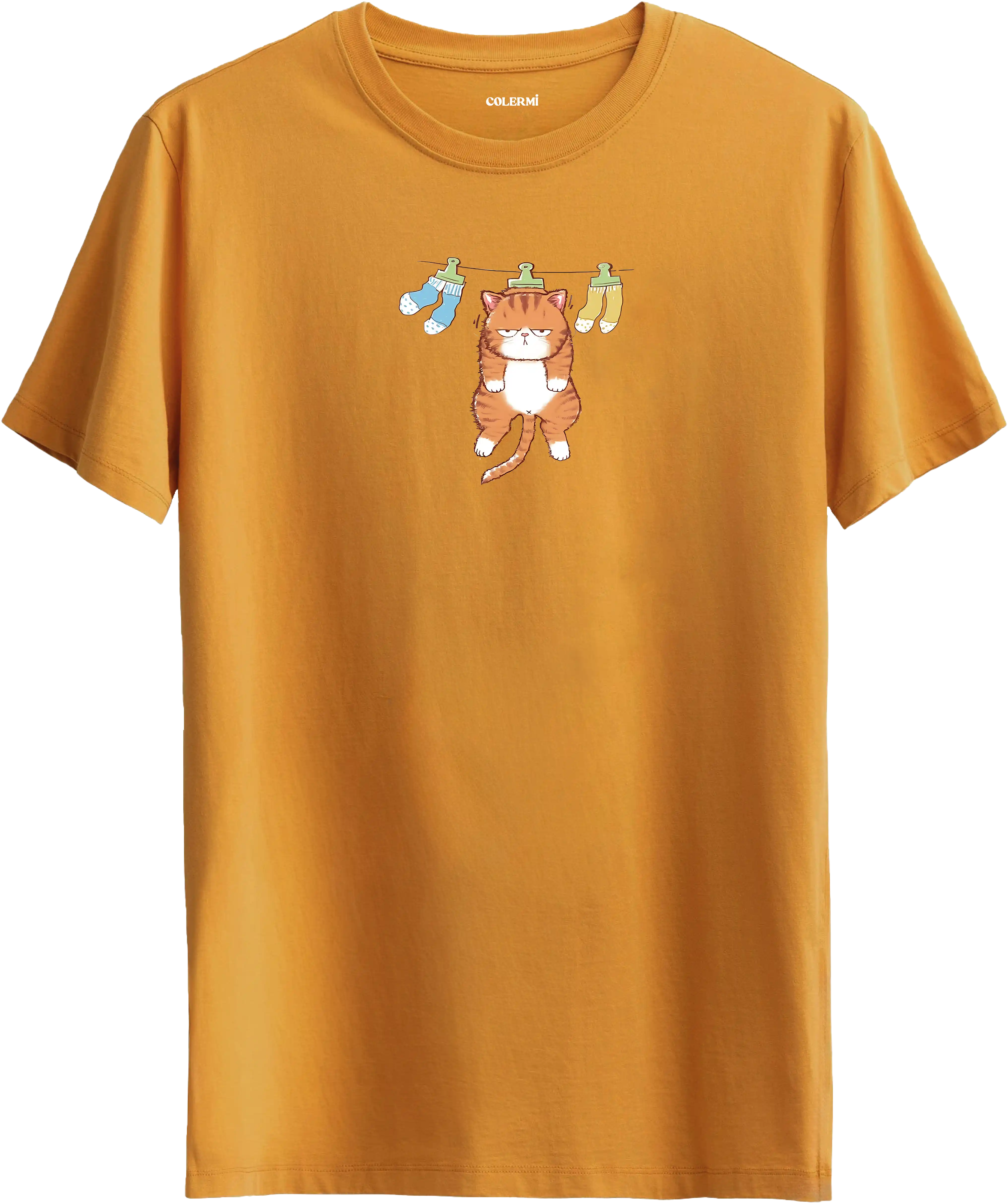 Sevimli kedi baskılı hardal renk tişört eğlenceli tasarım günlük kullanım