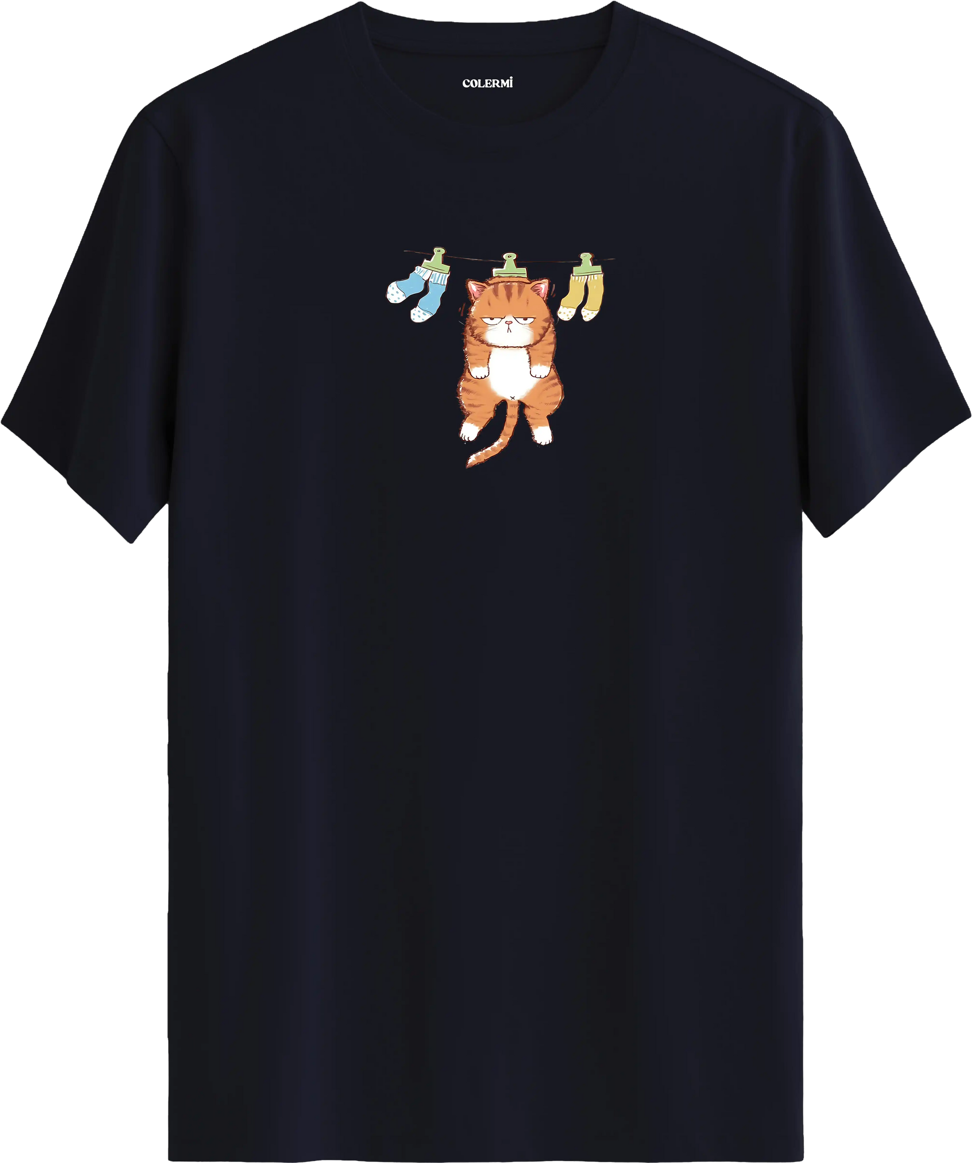 Sevimli kedi baskılı lacivert renk tişört eğlenceli tasarım günlük kullanım