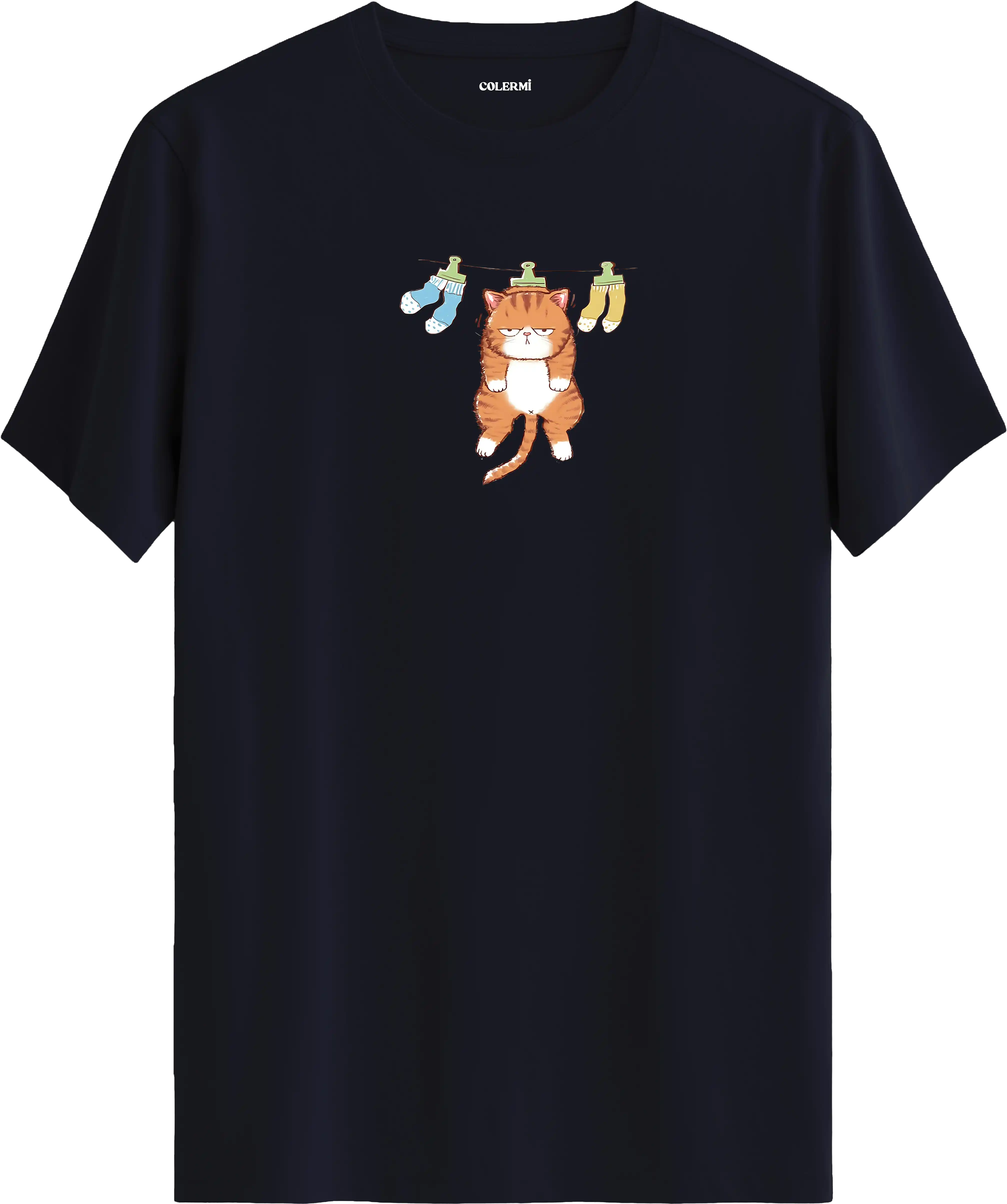Sevimli kedi baskılı lacivert renk tişört eğlenceli tasarım günlük kullanım