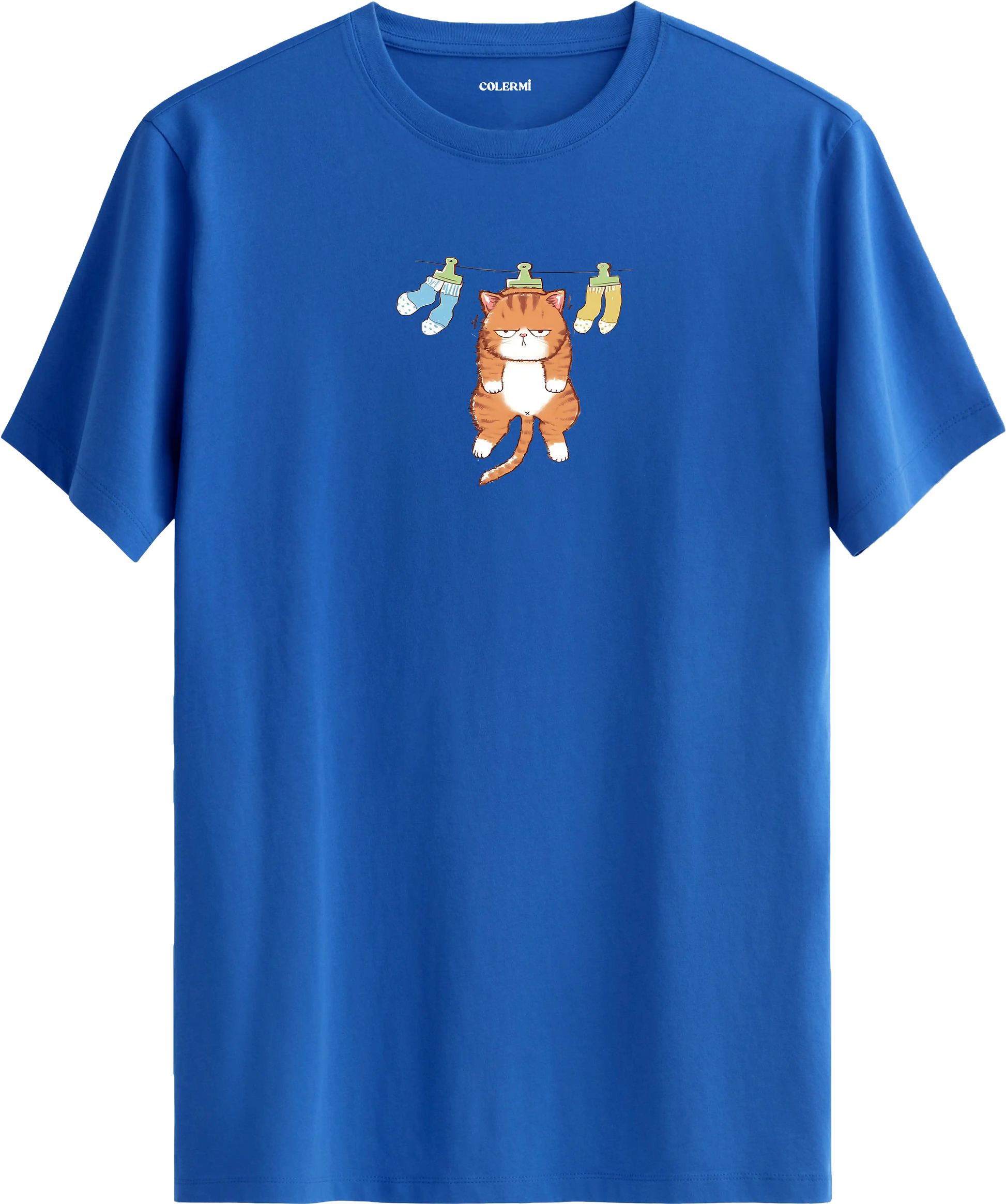 Sevimli kedi baskılı mavi renk tişört eğlenceli tasarım günlük kullanım