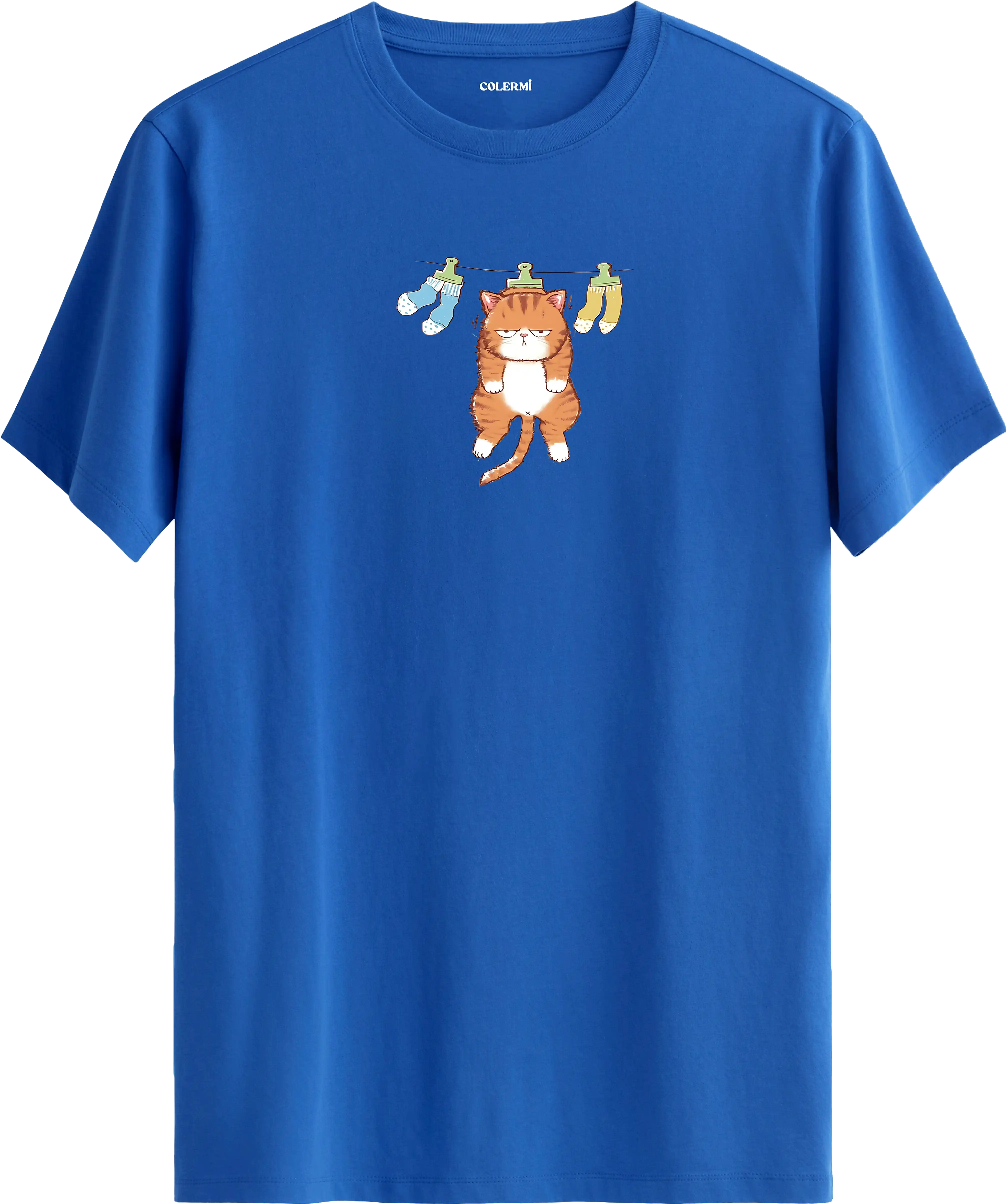 Sevimli kedi baskılı mavi renk tişört eğlenceli tasarım günlük kullanım