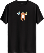 Sevimli kedi baskılı siyah renk tişört eğlenceli tasarım günlük kullanım