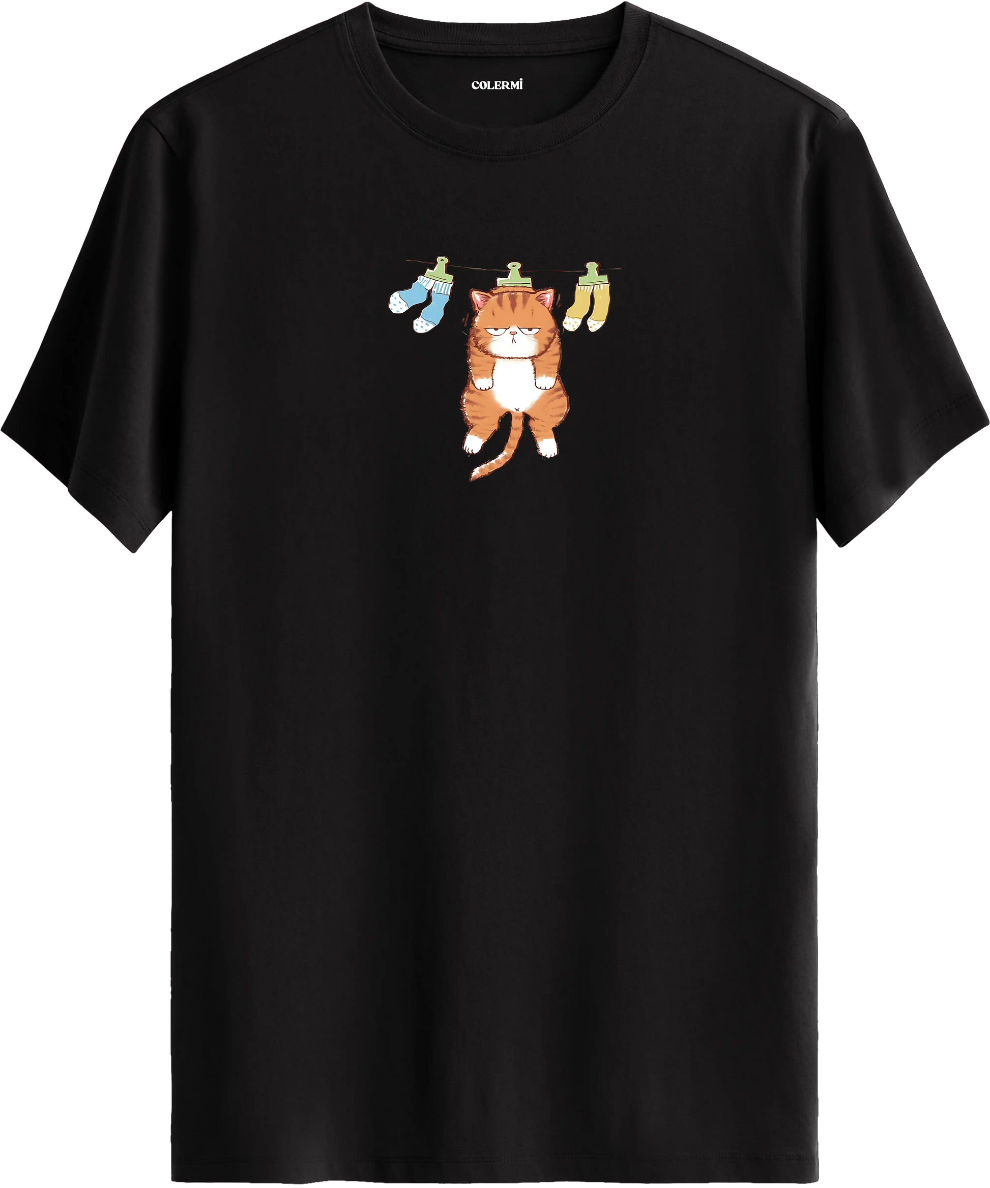 Sevimli kedi baskılı siyah renk tişört eğlenceli tasarım günlük kullanım
