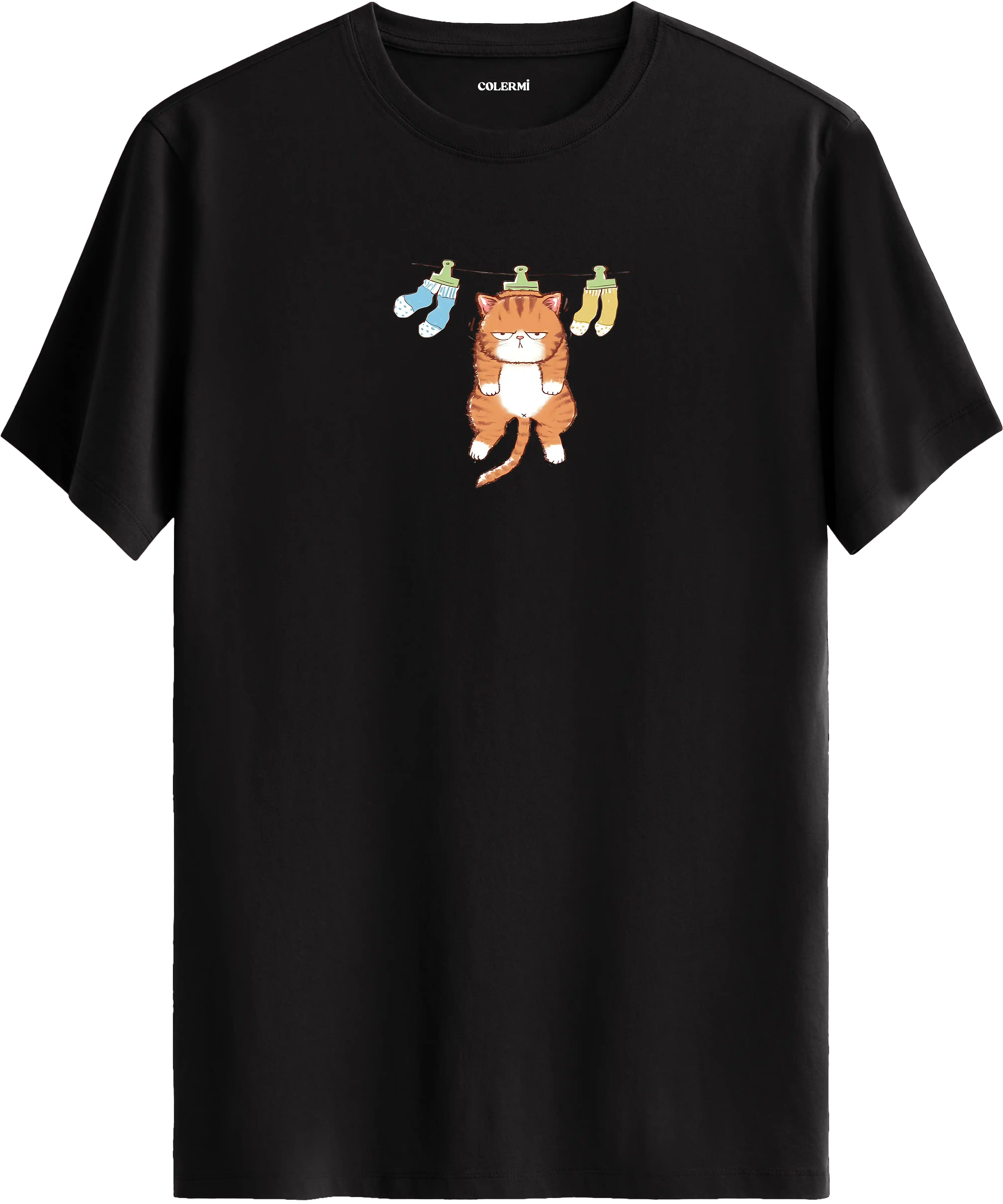 Sevimli kedi baskılı siyah renk tişört eğlenceli tasarım günlük kullanım