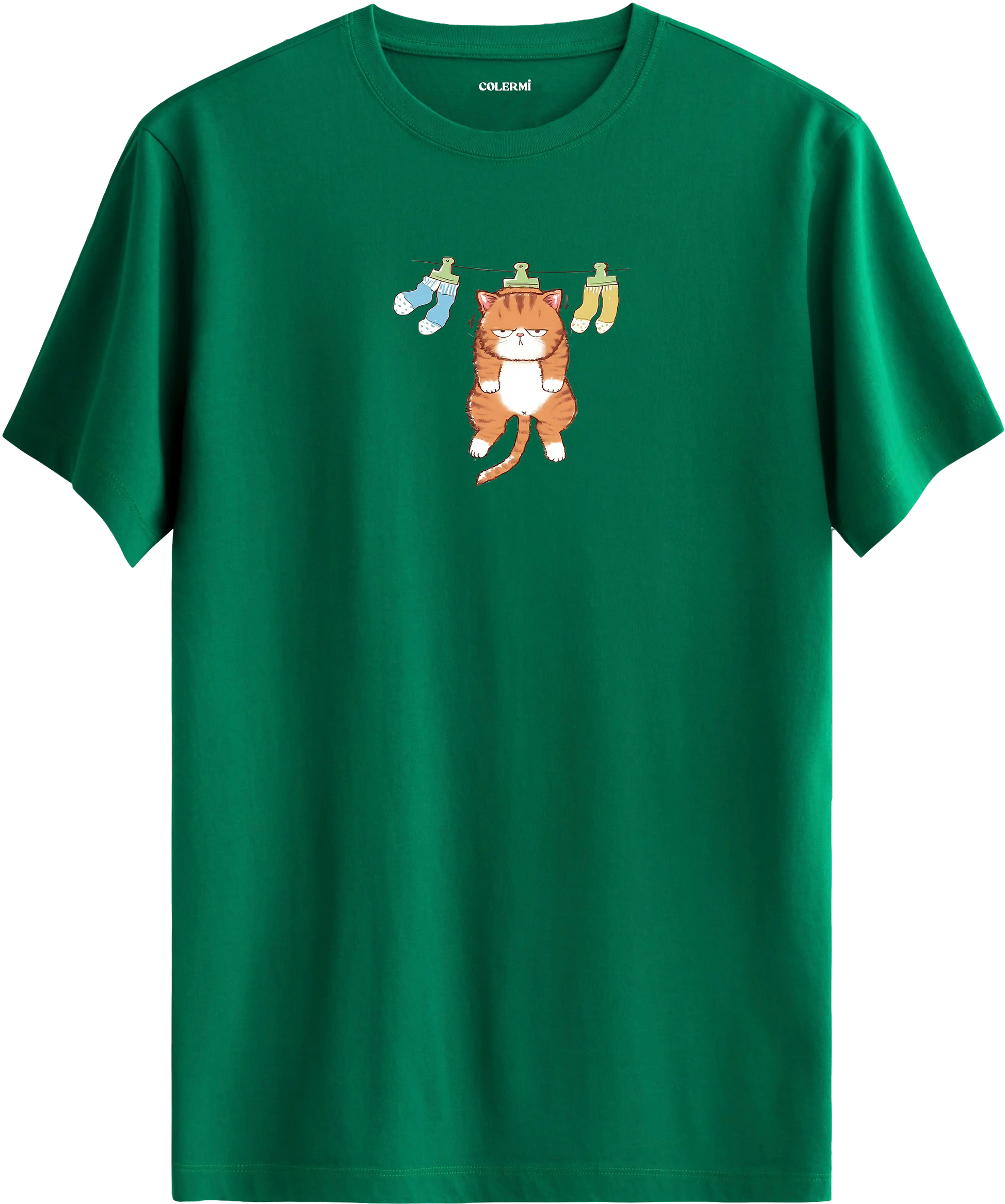 Sevimli kedi baskılı yeşil renk tişört eğlenceli tasarım günlük kullanım