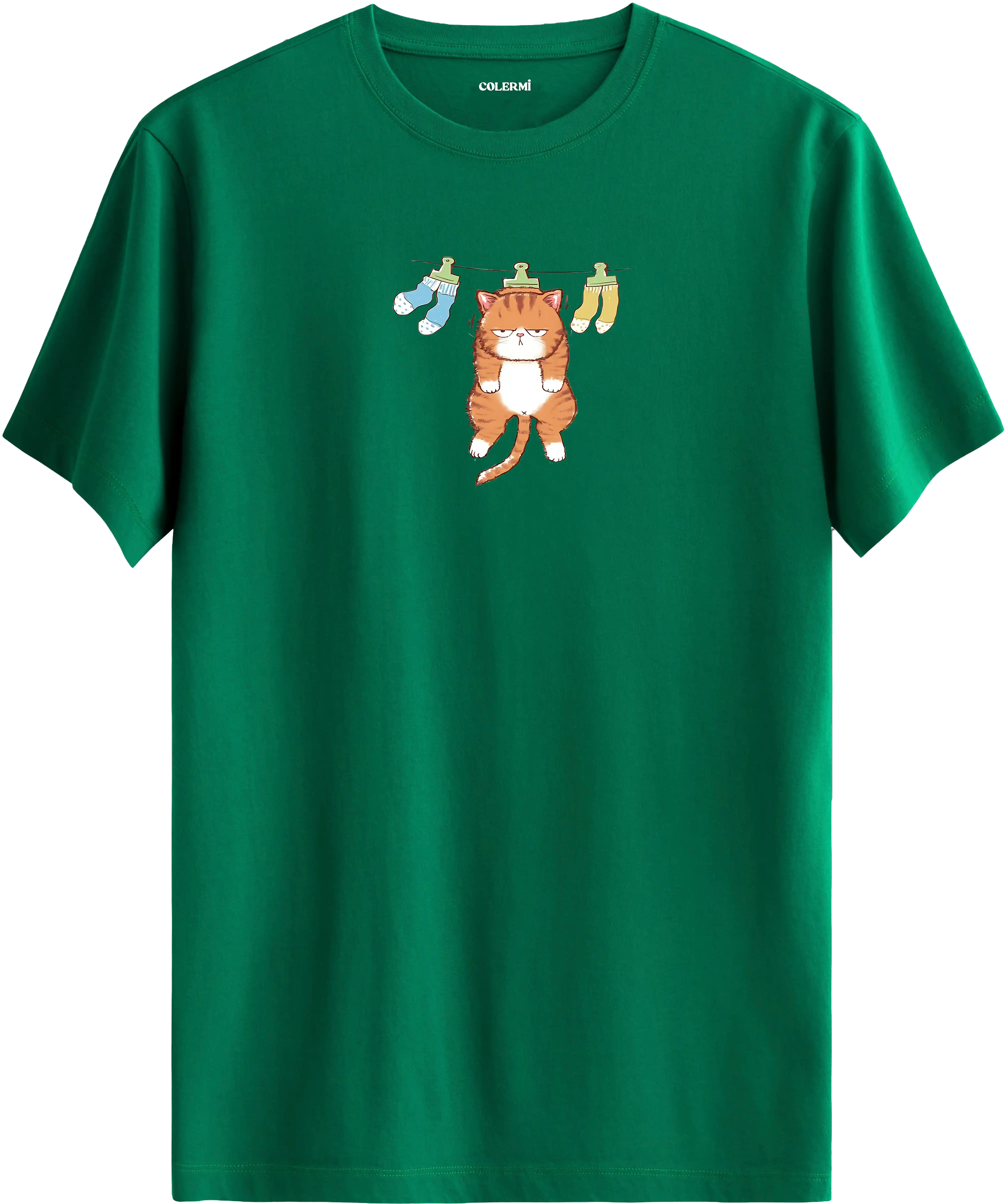 Sevimli kedi baskılı yeşil renk tişört eğlenceli tasarım günlük kullanım