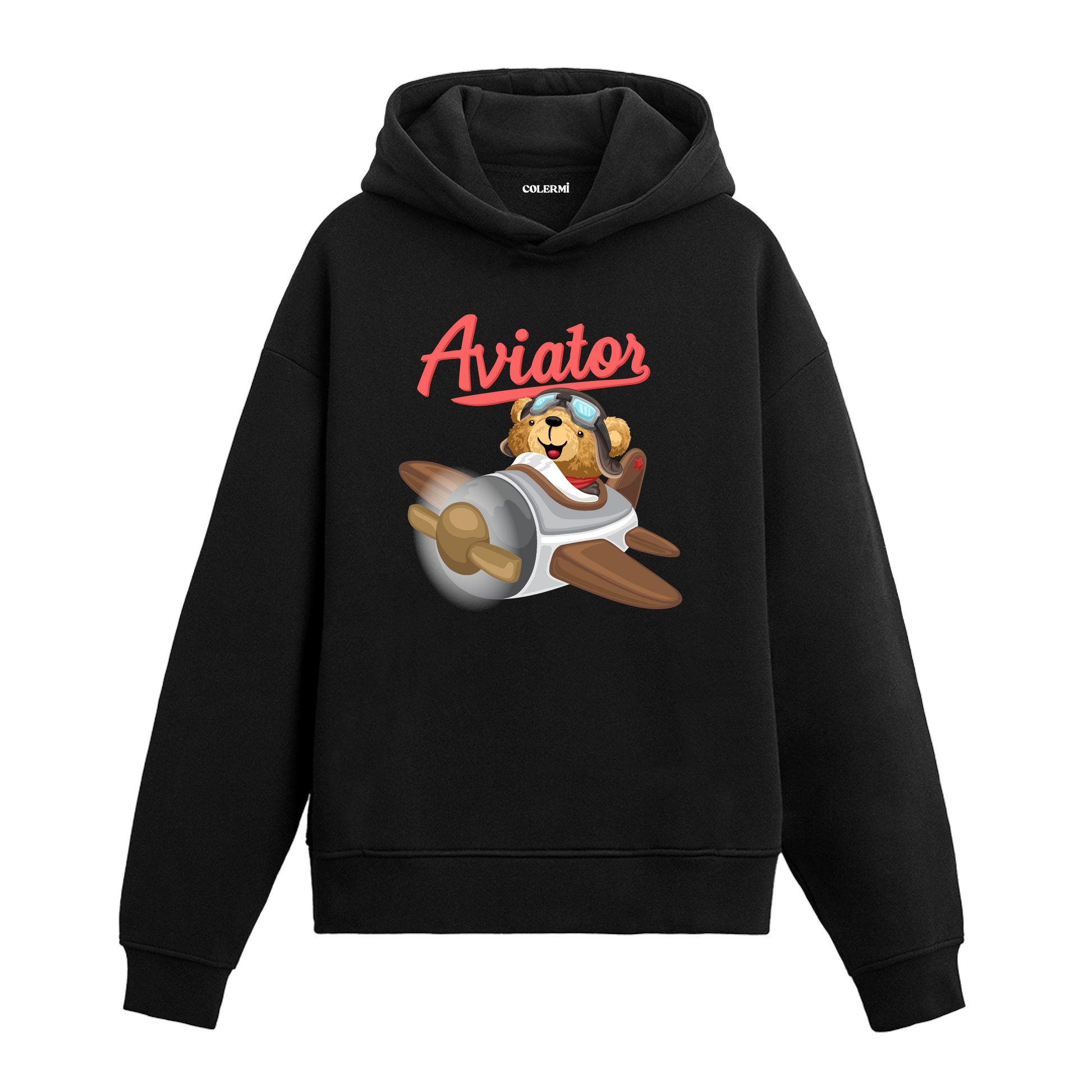 Uçağının içinde gülümseyen pilot ayıcık baskılı hoodie tasarımı.