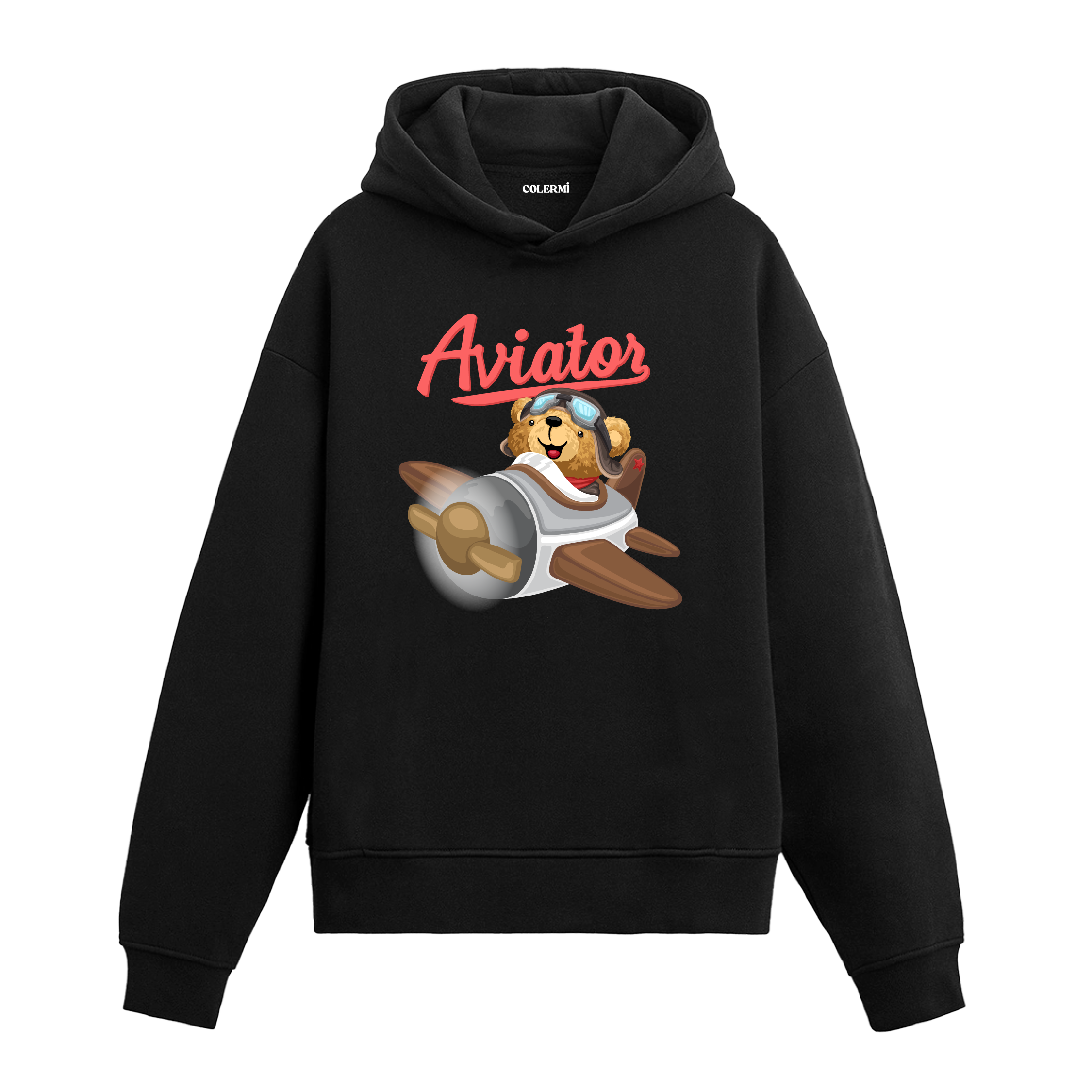 Uçağının içinde gülümseyen pilot ayıcık baskılı hoodie tasarımı.