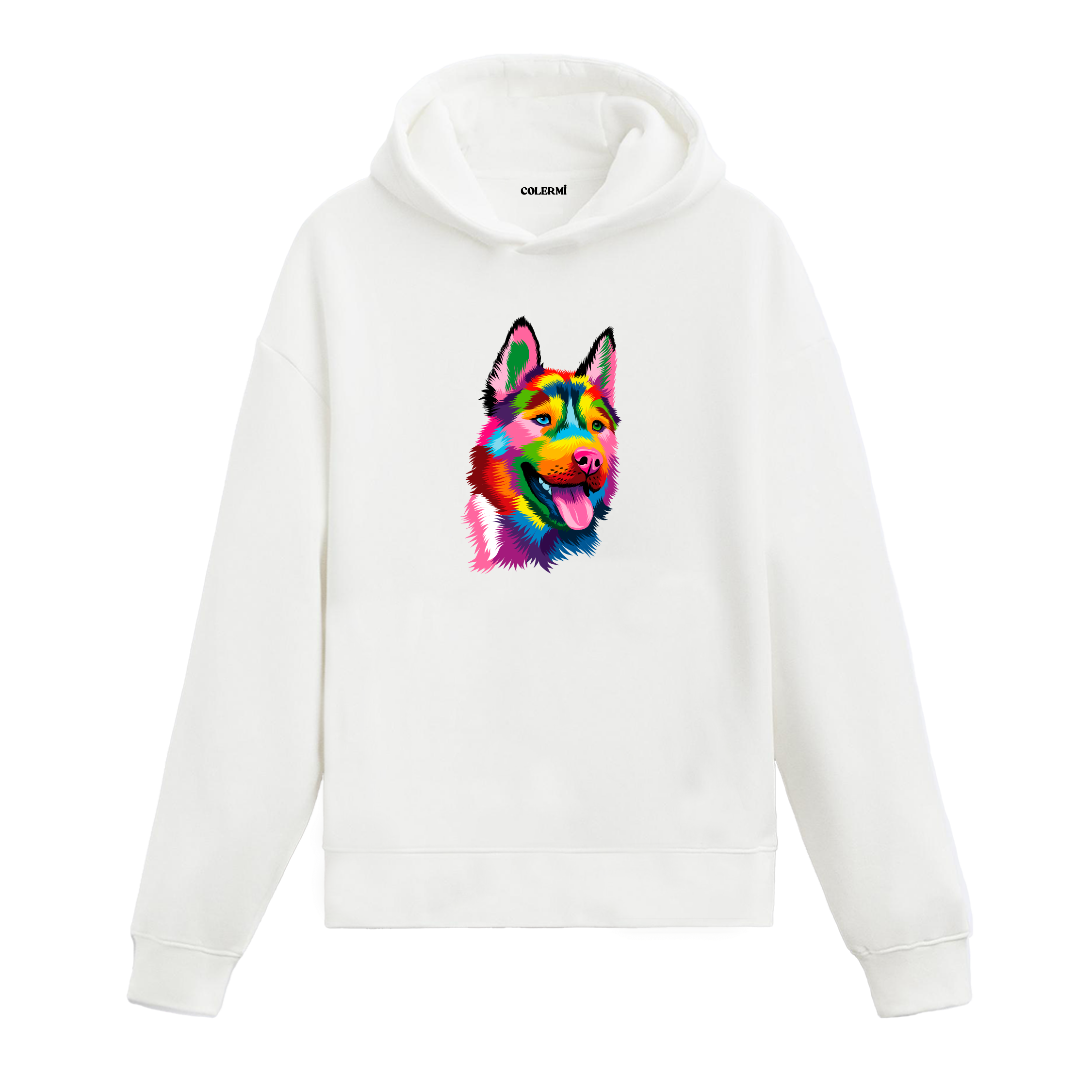 Renkli pop-art Sibirya Kurdu (husky) baskılı beyaz hoodie