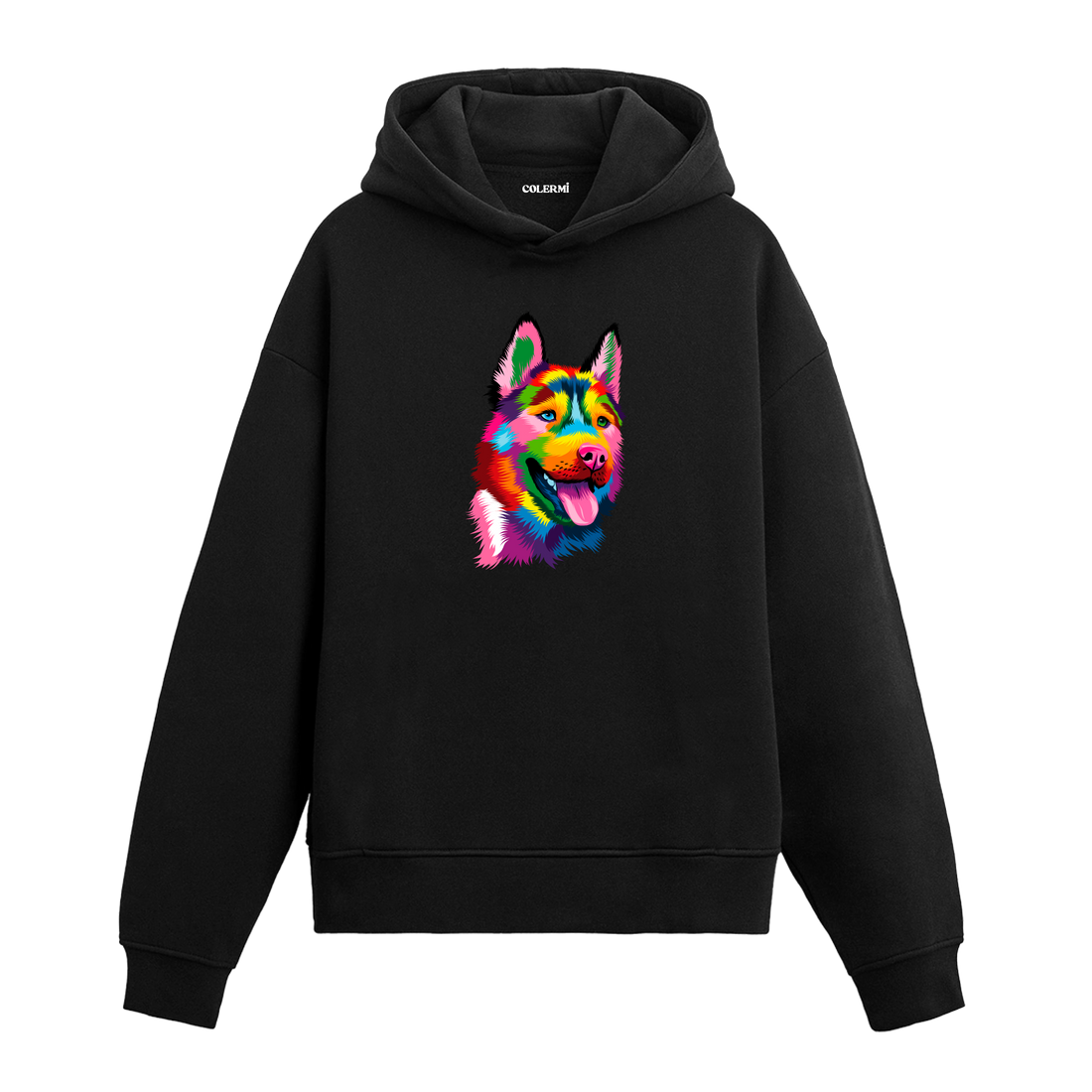 Renkli pop-art Sibirya Kurdu (husky) baskılı siyah hoodie