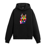Renkli pop-art Sibirya Kurdu (husky) baskılı siyah hoodie
