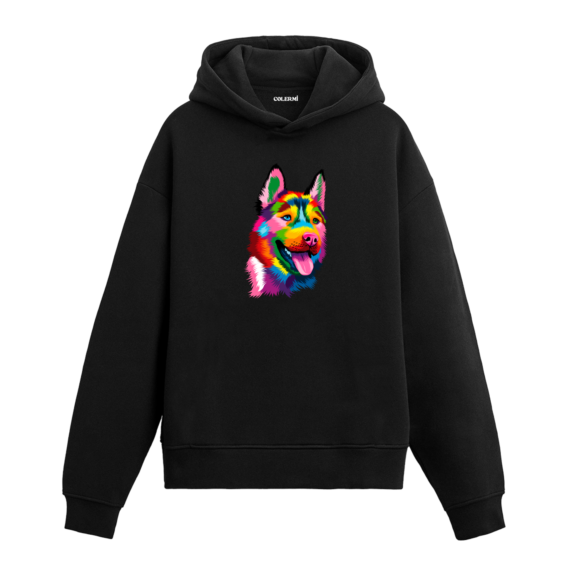 Renkli pop-art Sibirya Kurdu (husky) baskılı siyah hoodie