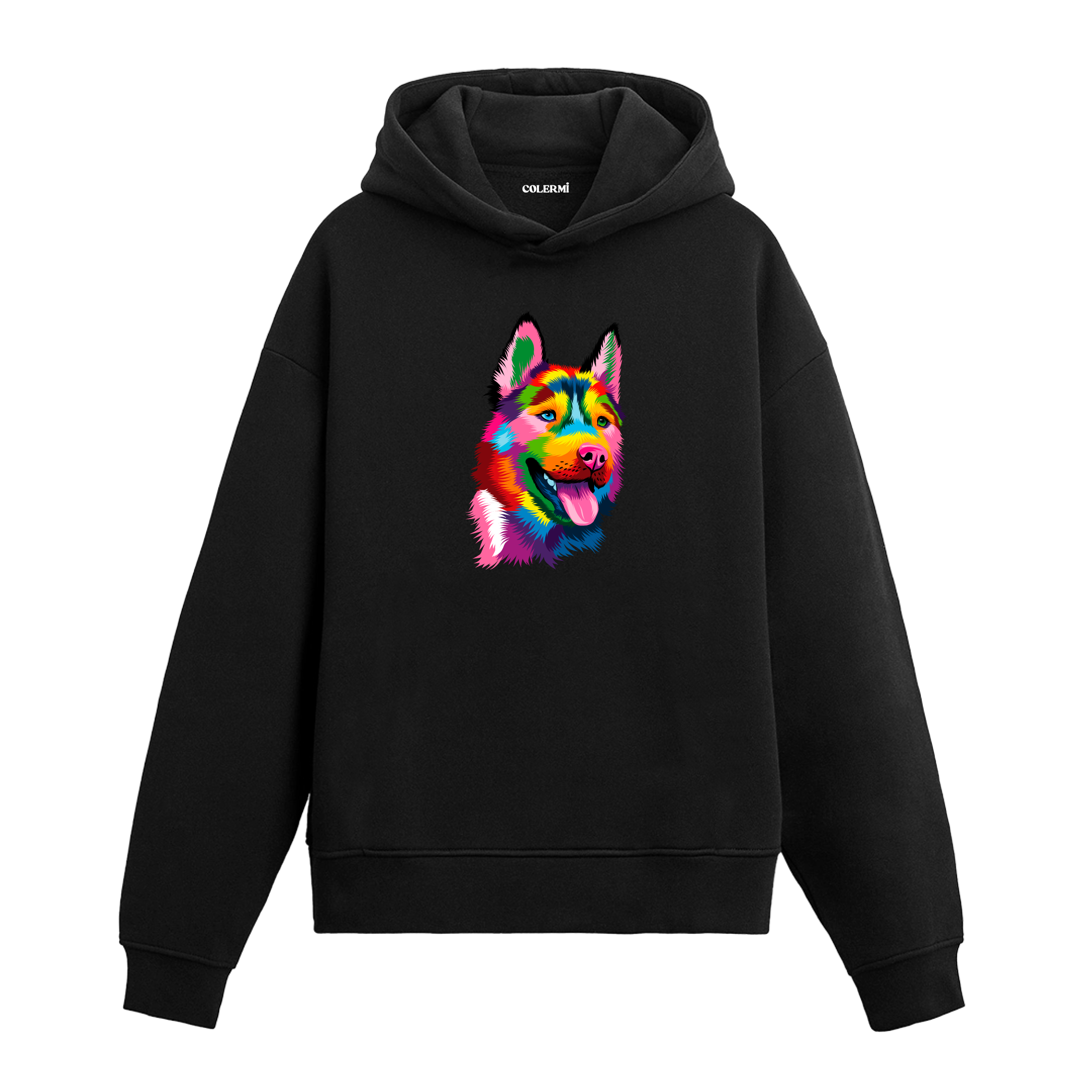 Renkli pop-art Sibirya Kurdu (husky) baskılı siyah hoodie