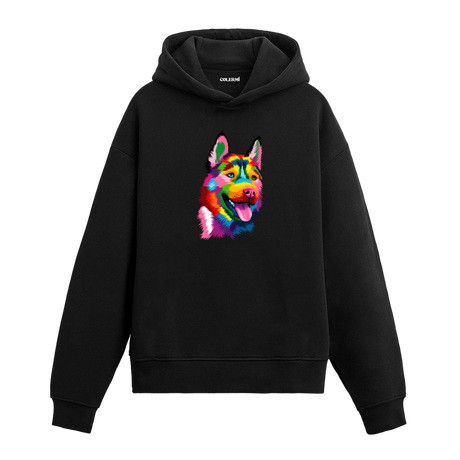 Renkli pop-art Sibirya Kurdu (husky) baskılı siyah hoodie