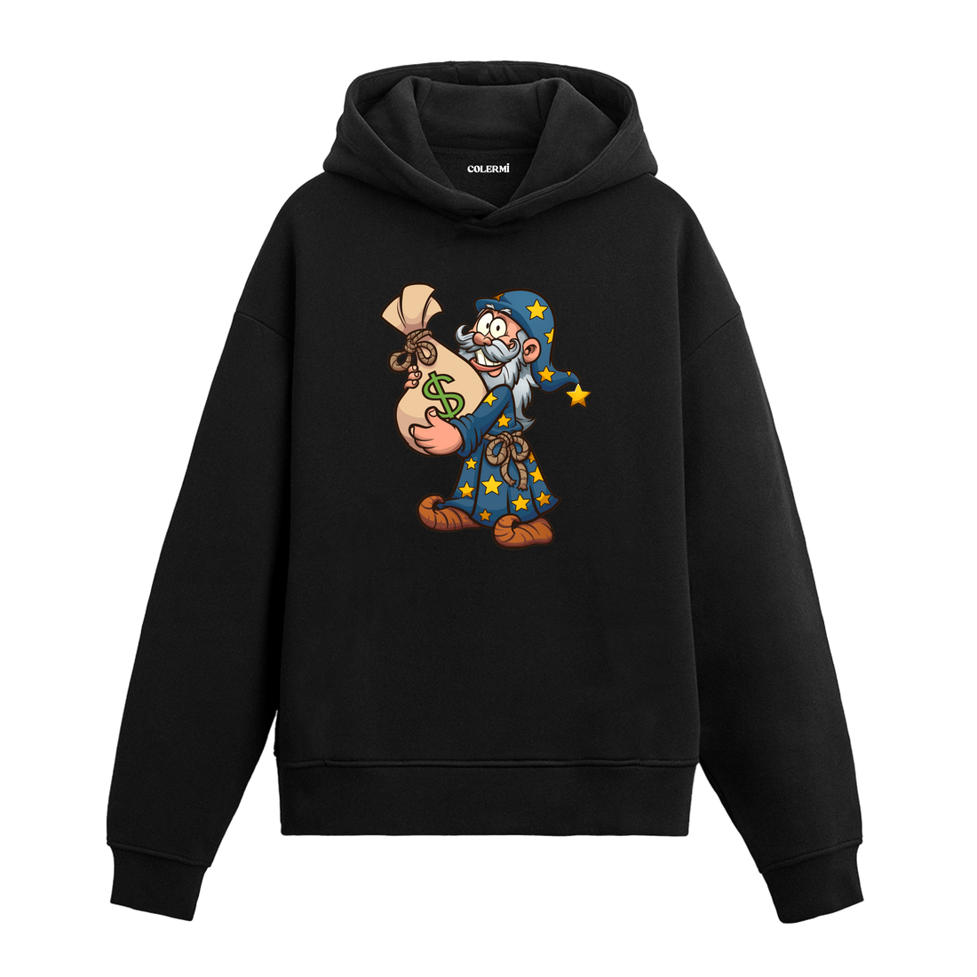 Para torbası taşıyan sihirbaz baskılı hoodie – eğlenceli ve dikkat çekici tasarım