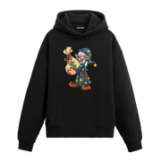 Para torbası taşıyan sihirbaz baskılı hoodie – eğlenceli ve dikkat çekici tasarım