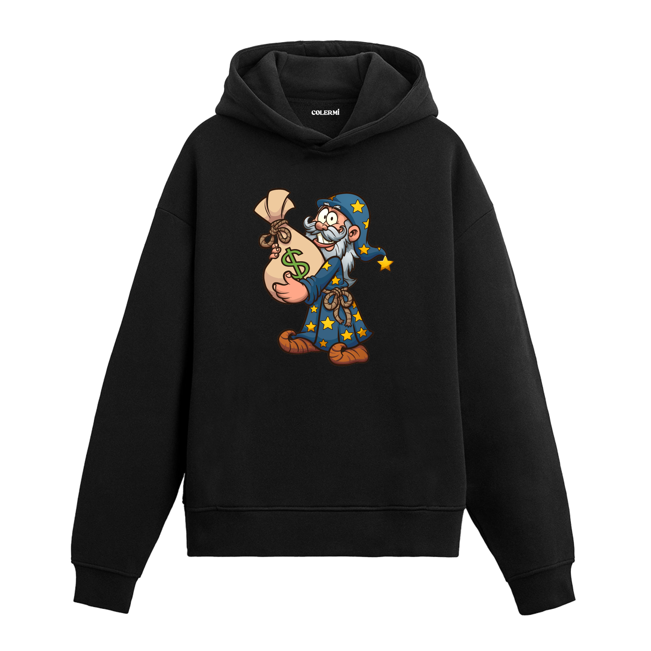 Para torbası taşıyan sihirbaz baskılı hoodie – eğlenceli ve dikkat çekici tasarım
