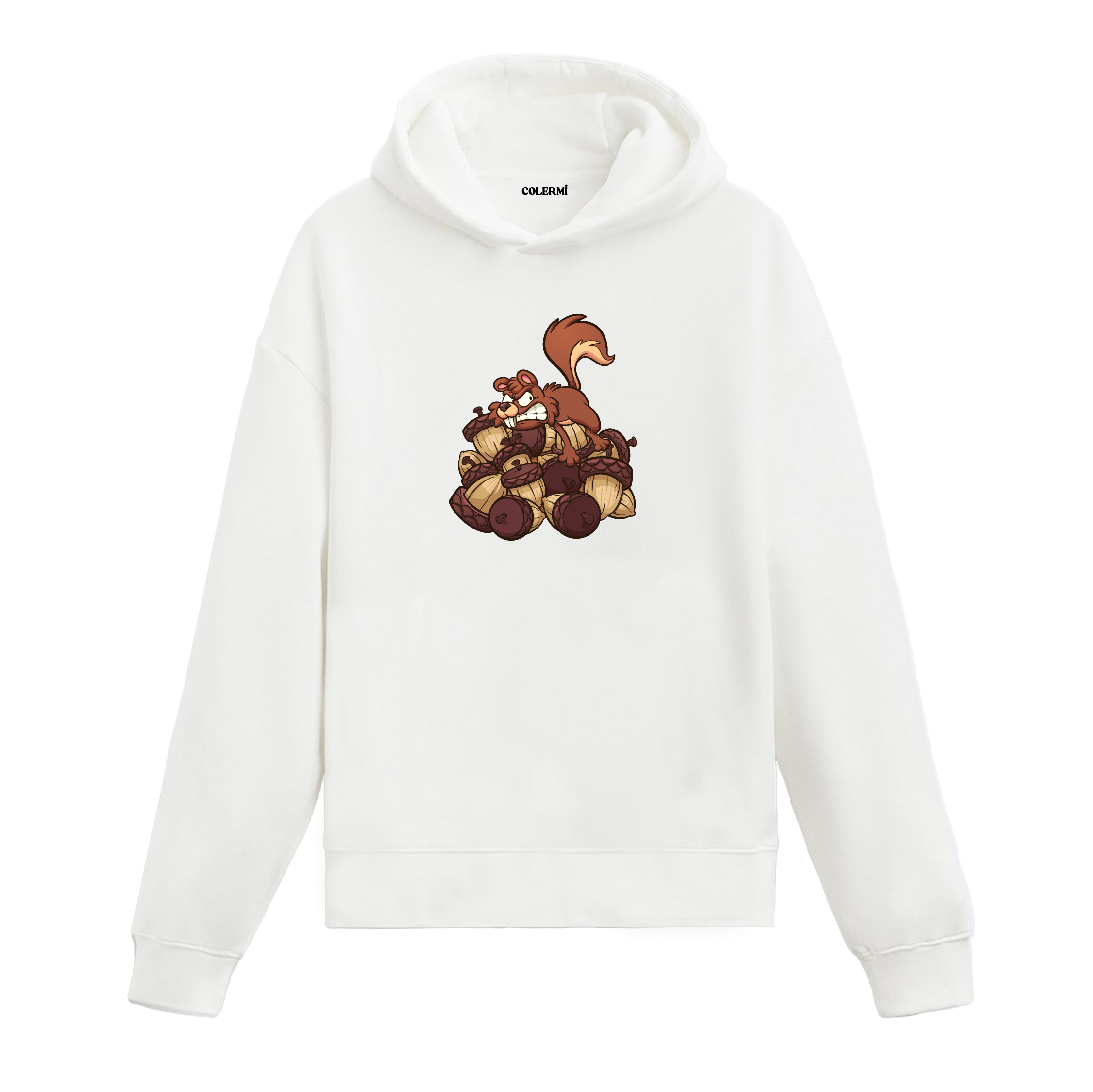 Sincap baskılı hoodie – ceviz yığını üzerinde duran sincap tasarımı