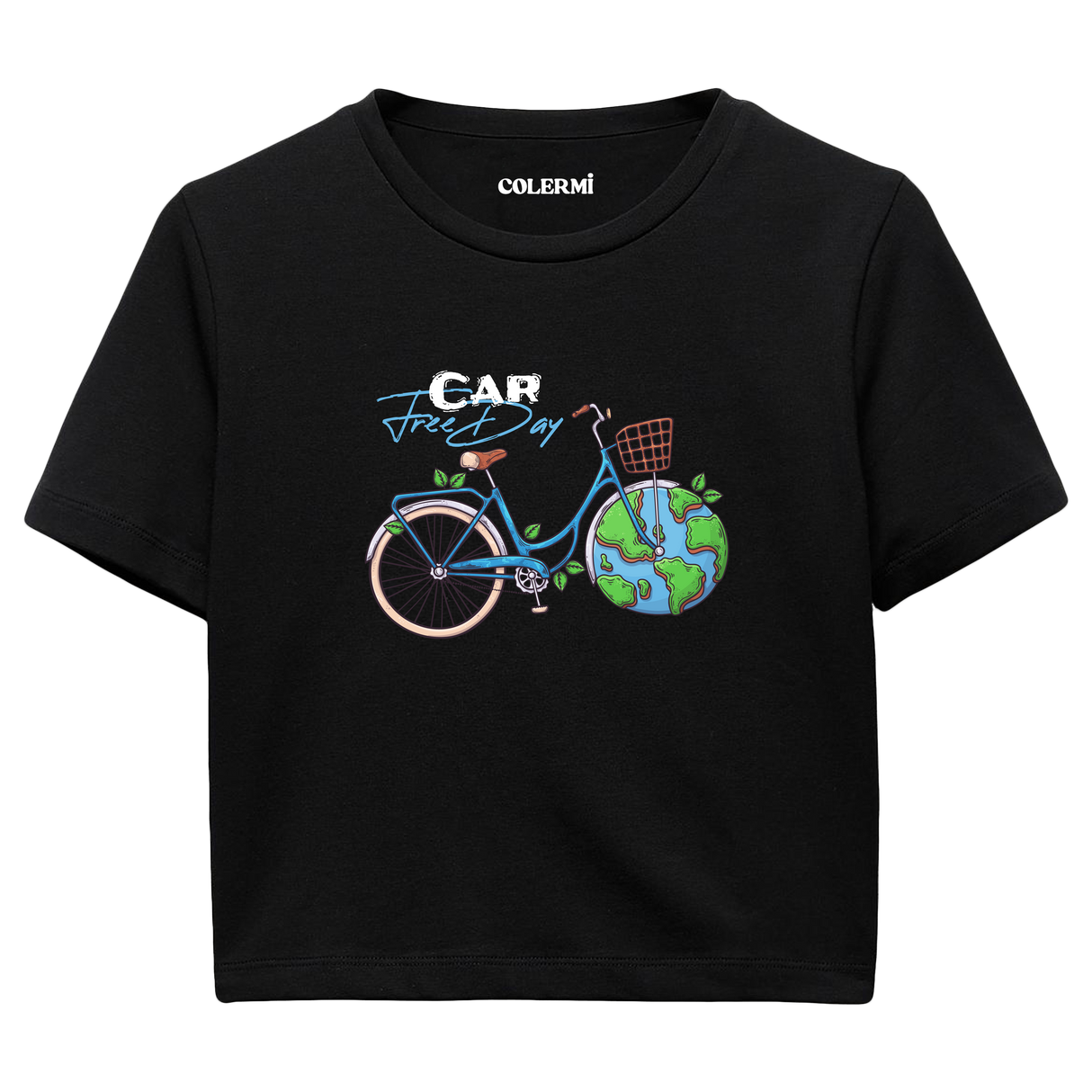 Car Free Day Bisiklet Temalı Grafik Crop T-Shirt
