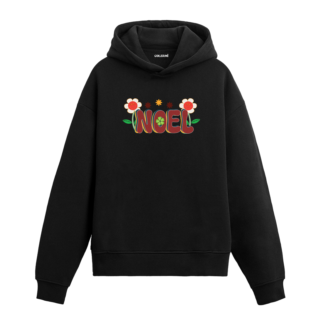Siyah çiçekli Noel baskılı hoodie, yılbaşı tasarım, %100 pamuk, unisex hoodie