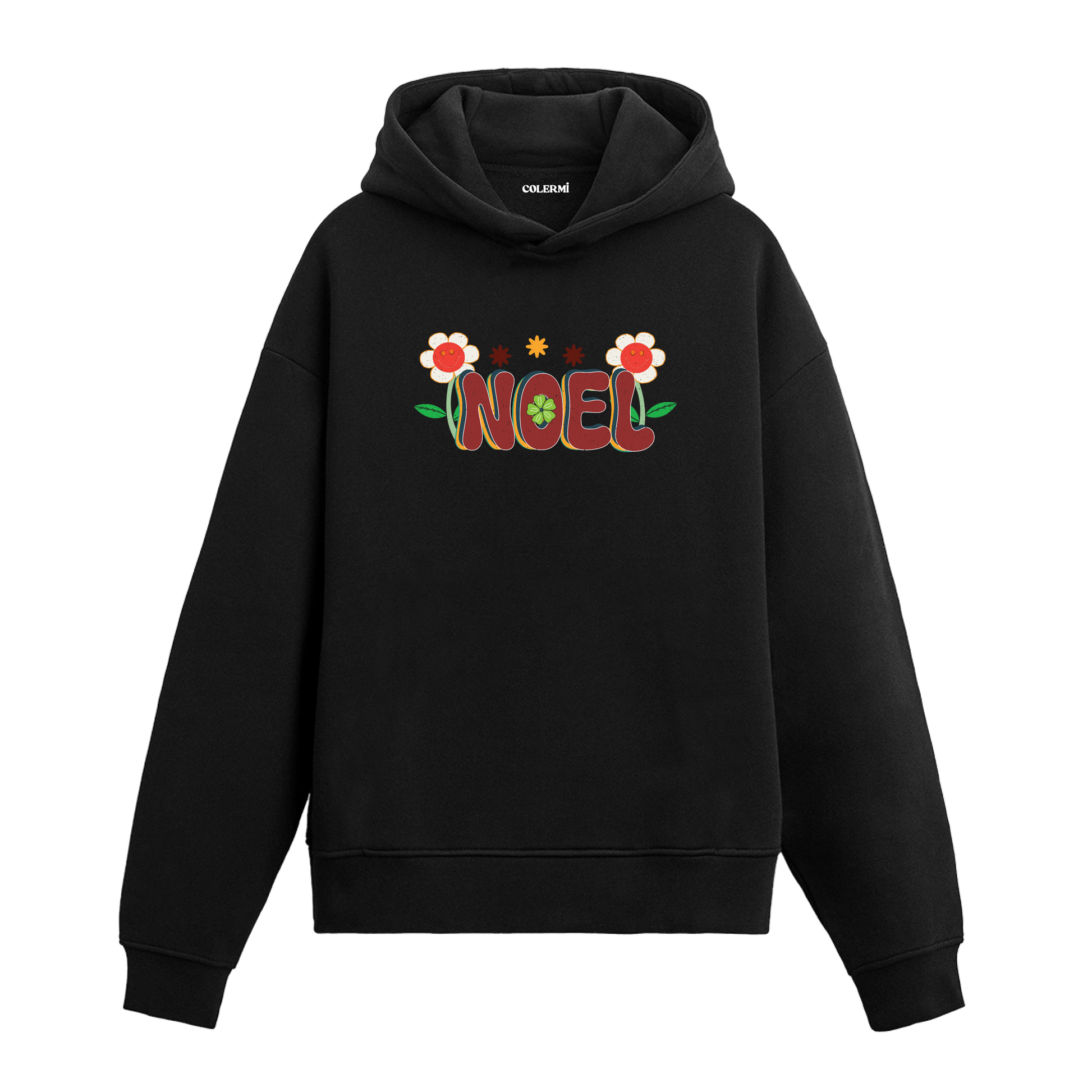 Siyah çiçekli Noel baskılı hoodie, yılbaşı tasarım, %100 pamuk, unisex hoodie