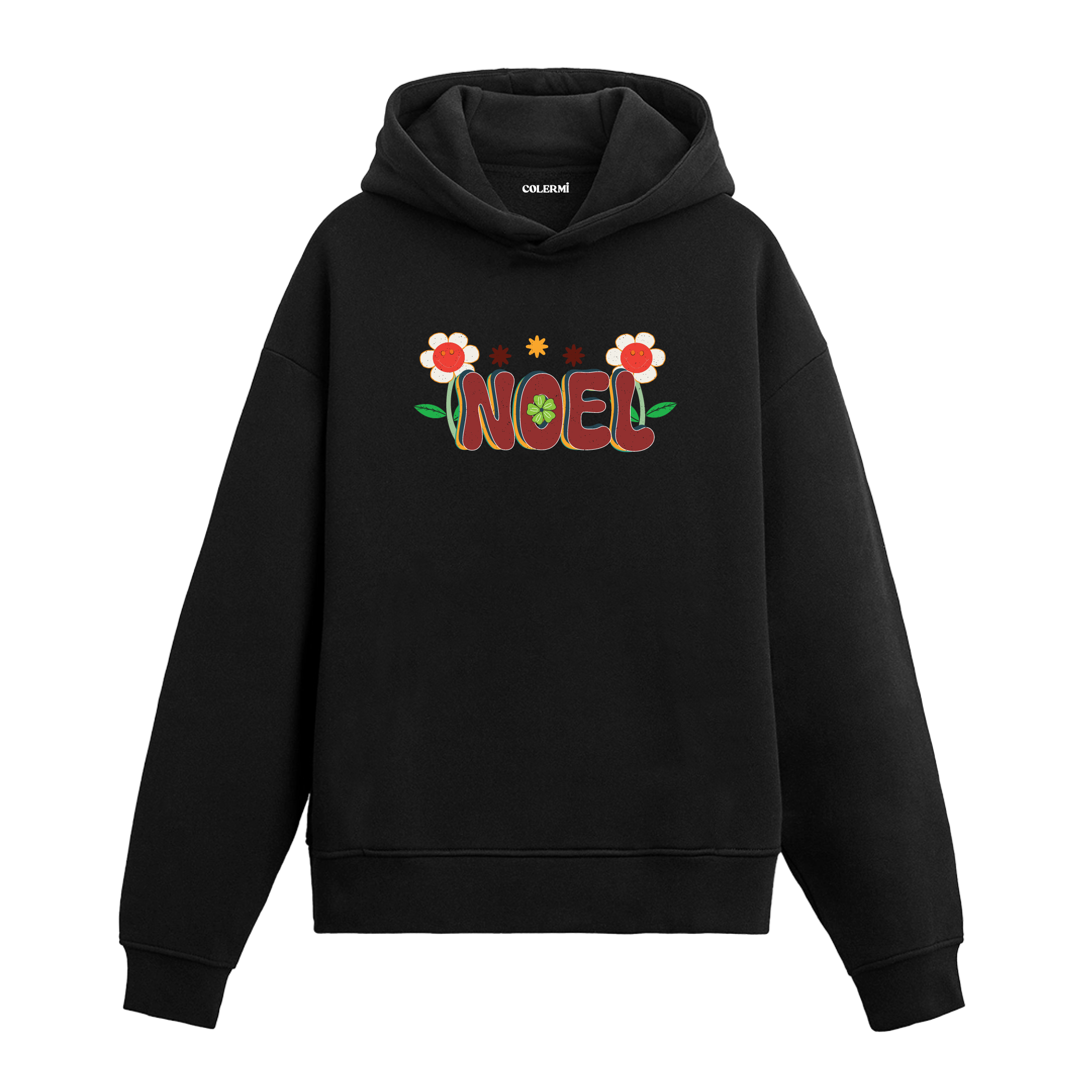 Siyah çiçekli Noel baskılı hoodie, yılbaşı tasarım, %100 pamuk, unisex hoodie