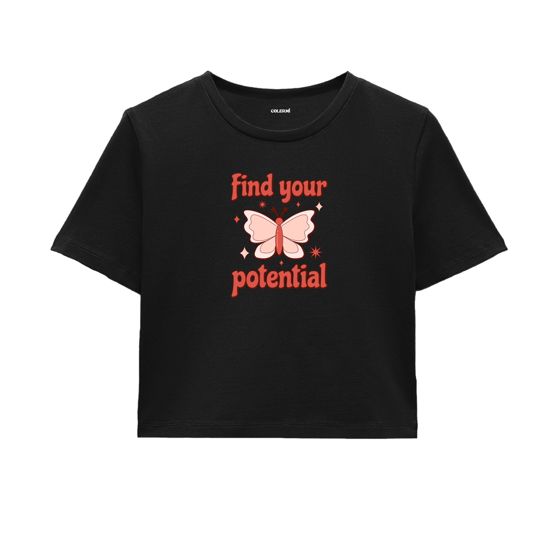 Find Your Potential Crop Top - Bold Red Butterfly Design