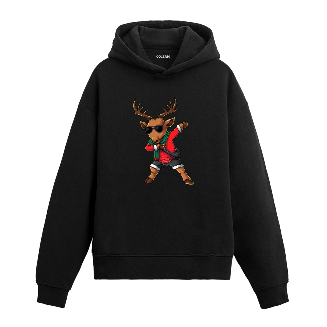 Siyah dans eden geyik baskılı hoodie, dab pozu, %100 premium pamuk, unisex yılbaşı hoodie