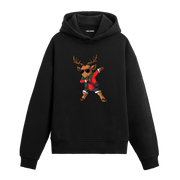 Siyah dans eden geyik baskılı hoodie, dab pozu, %100 premium pamuk, unisex yılbaşı hoodie