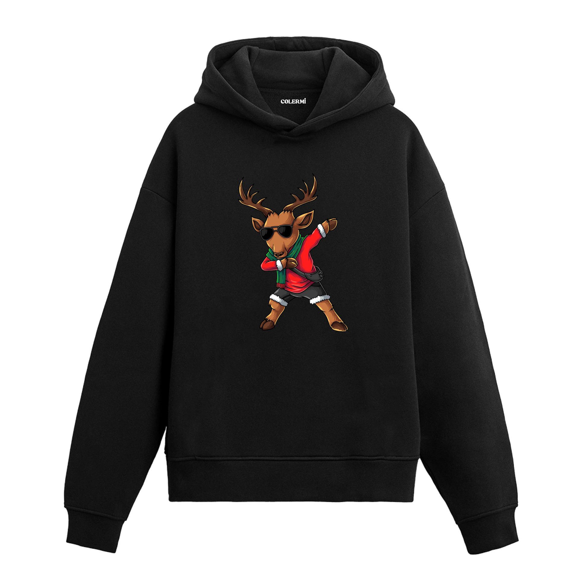 Siyah dans eden geyik baskılı hoodie, dab pozu, %100 premium pamuk, unisex yılbaşı hoodie