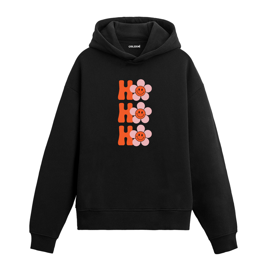 Siyah Ho Ho Ho yazılı çiçek baskılı hoodie, %100 premium pamuk, unisex, eğlenceli yılbaşı hoodie