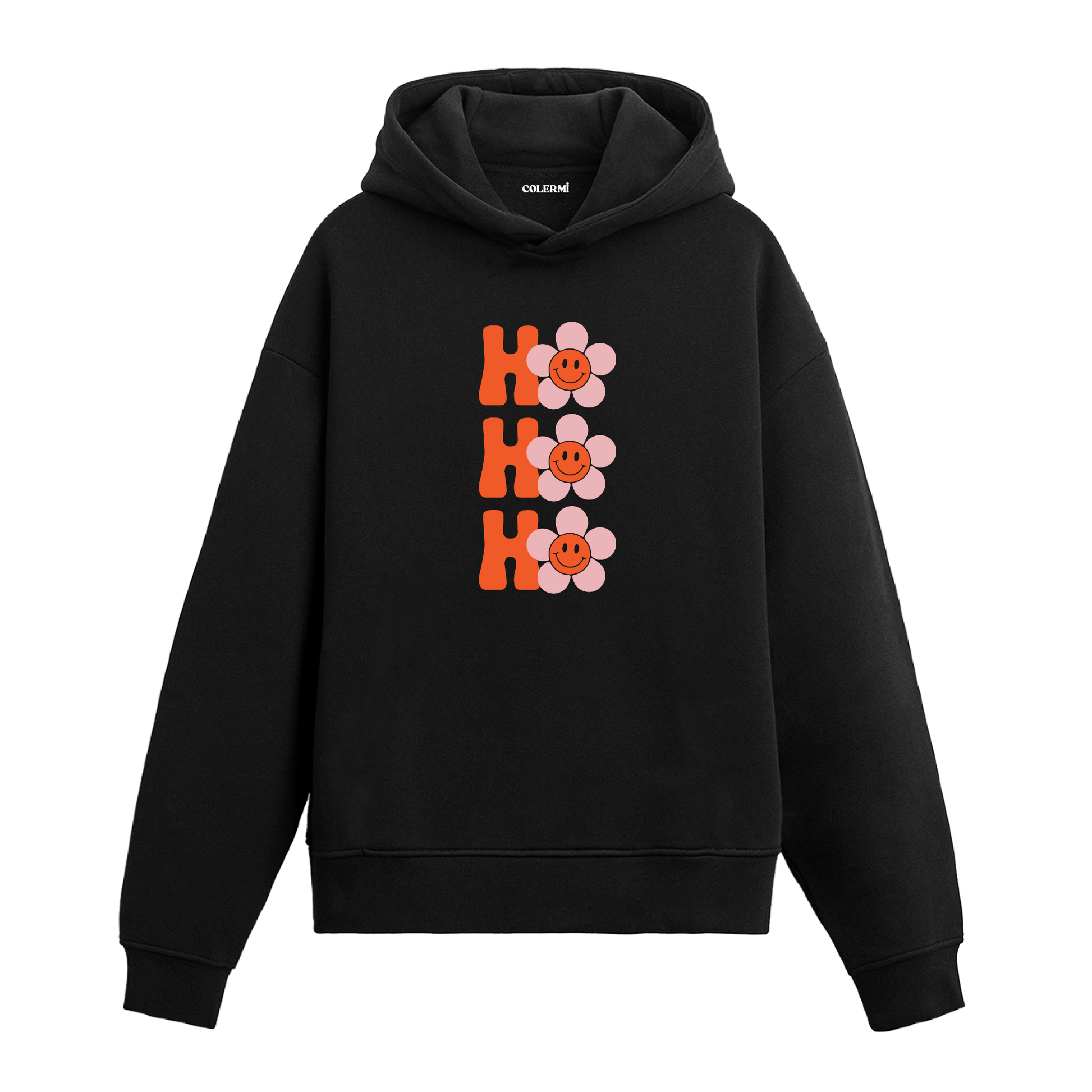 Siyah Ho Ho Ho yazılı çiçek baskılı hoodie, %100 premium pamuk, unisex, eğlenceli yılbaşı hoodie