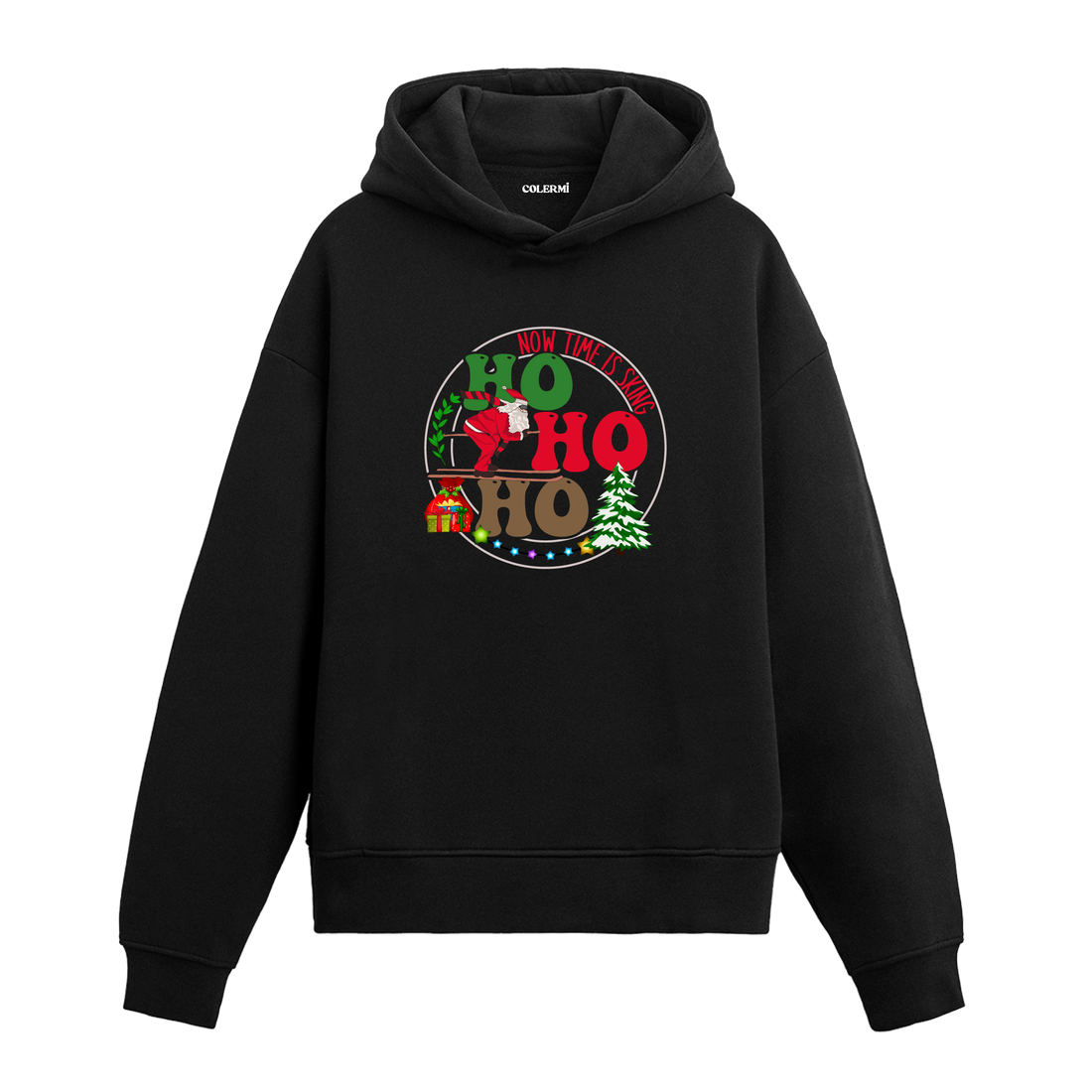 Siyah hoodie üzerinde Noel Baba ve Ho Ho Ho baskısı