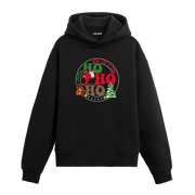 Siyah hoodie üzerinde Noel Baba ve Ho Ho Ho baskısı