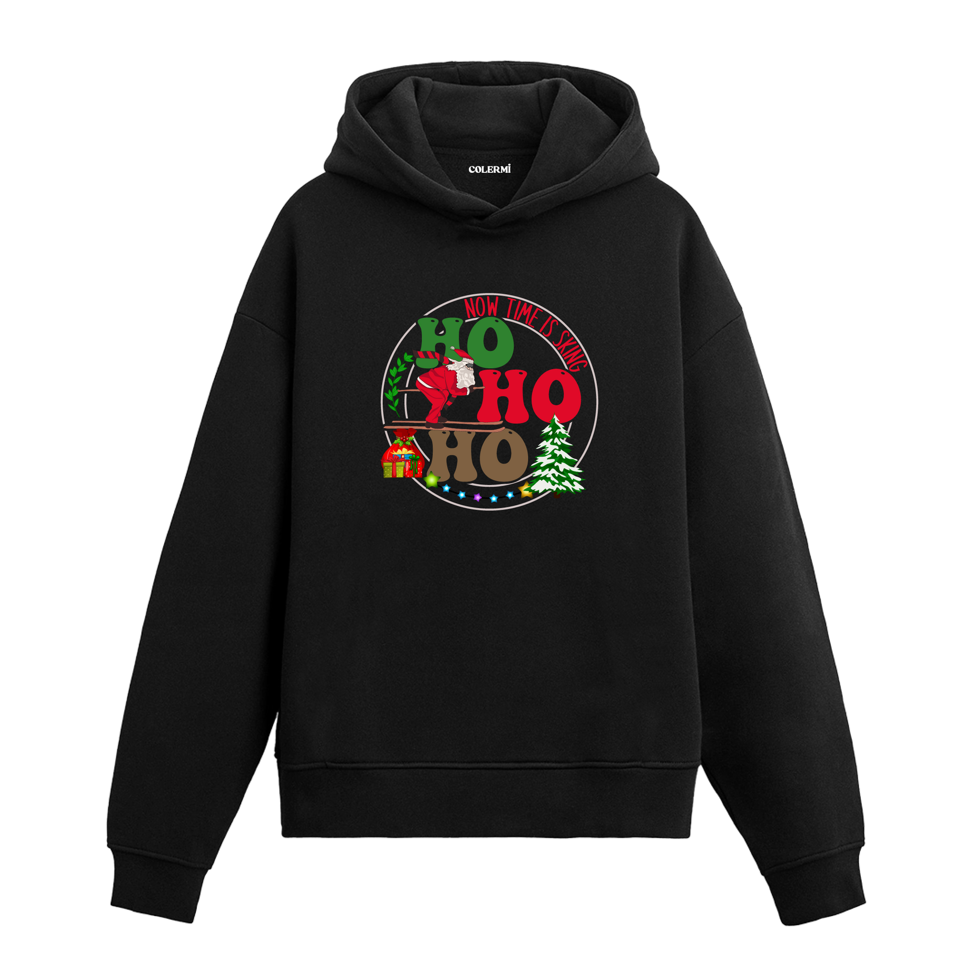 Siyah hoodie üzerinde Noel Baba ve Ho Ho Ho baskısı