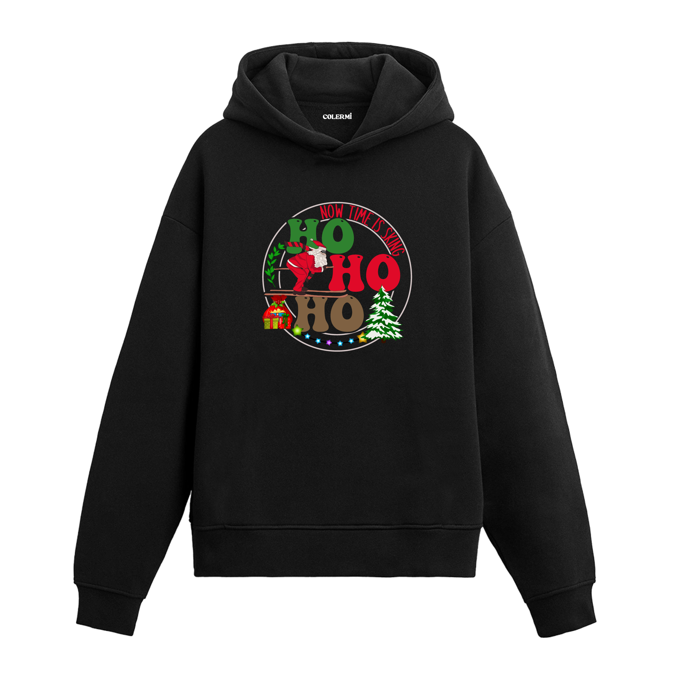 Siyah hoodie üzerinde Noel Baba ve Ho Ho Ho baskısı