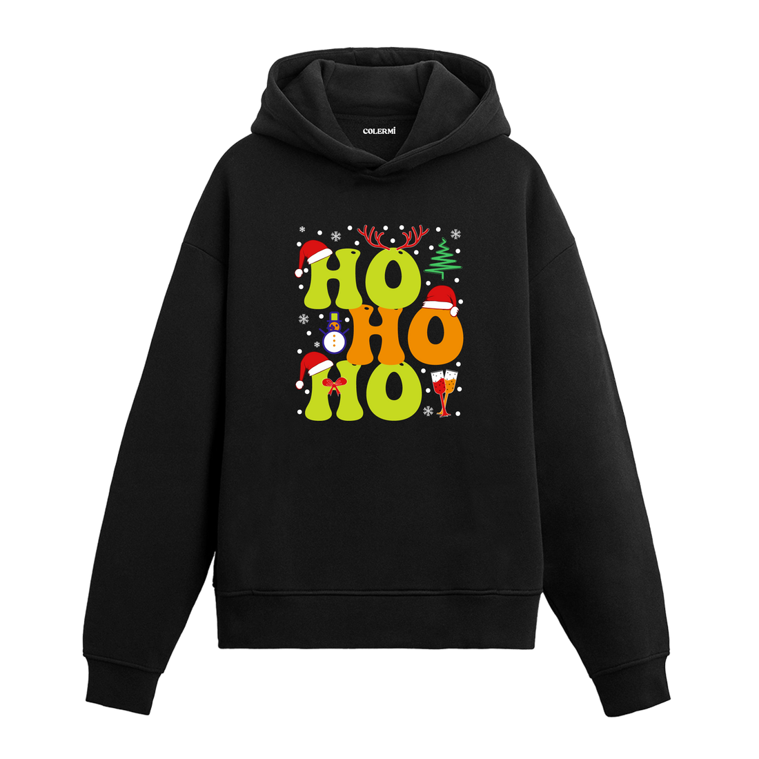 Siyah Ho Ho Ho yazılı Noel baskılı hoodie, %100 premium pamuk, unisex, yılbaşı hoodie