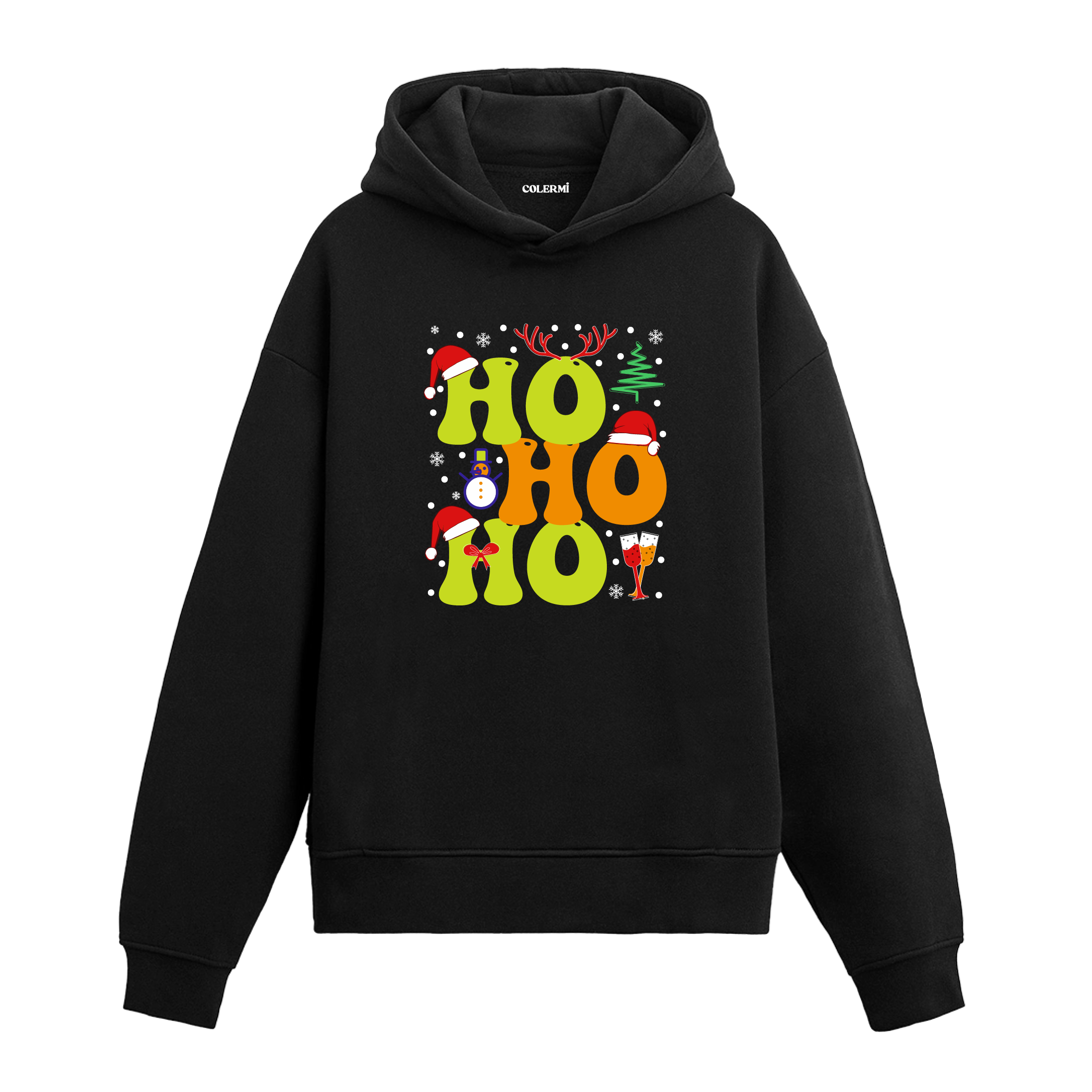 Siyah Ho Ho Ho yazılı Noel baskılı hoodie, %100 premium pamuk, unisex, yılbaşı hoodie