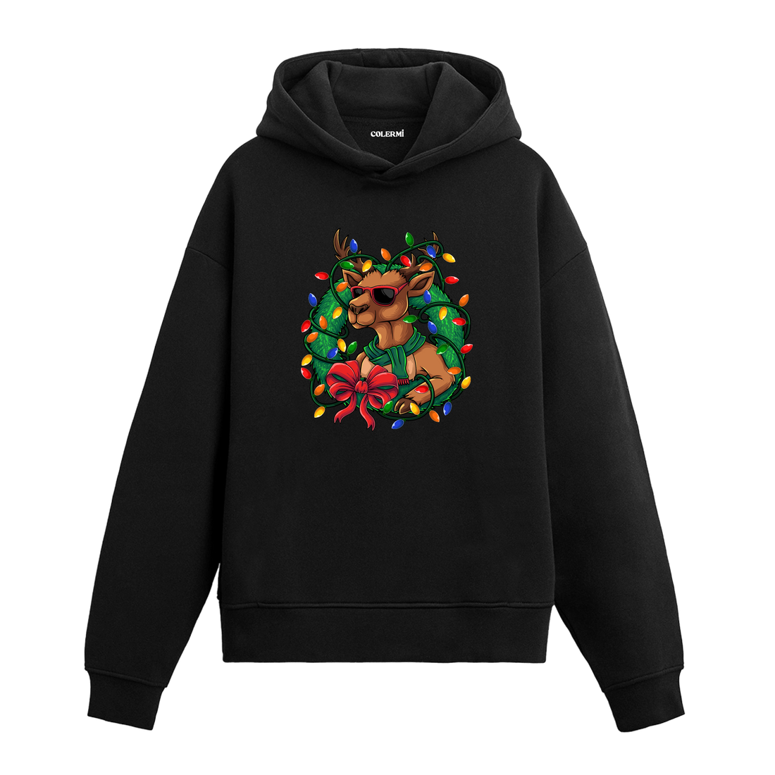 Siyah ışıklı geyik baskılı hoodie, renkli yılbaşı tasarımı, %100 premium pamuk, unisex hoodie