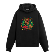Siyah ışıklı geyik baskılı hoodie, renkli yılbaşı tasarımı, %100 premium pamuk, unisex hoodie