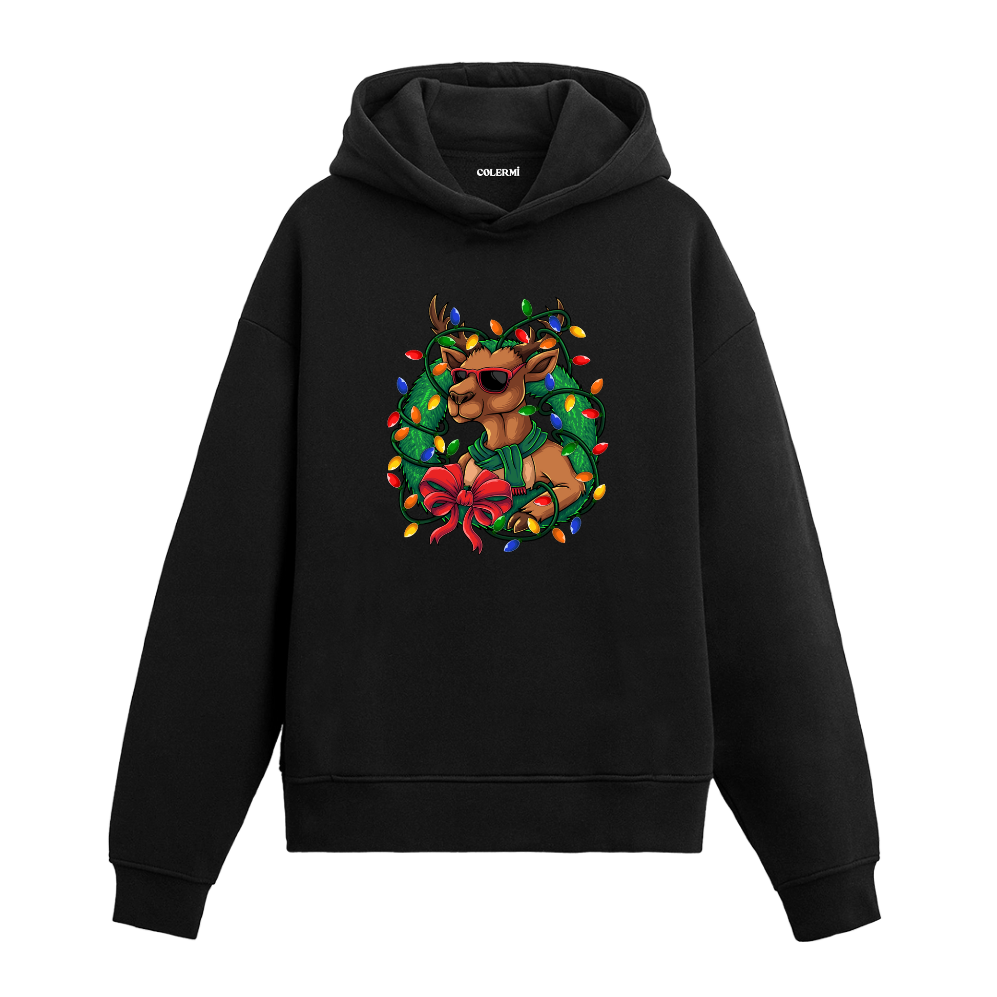 Siyah ışıklı geyik baskılı hoodie, renkli yılbaşı tasarımı, %100 premium pamuk, unisex hoodie