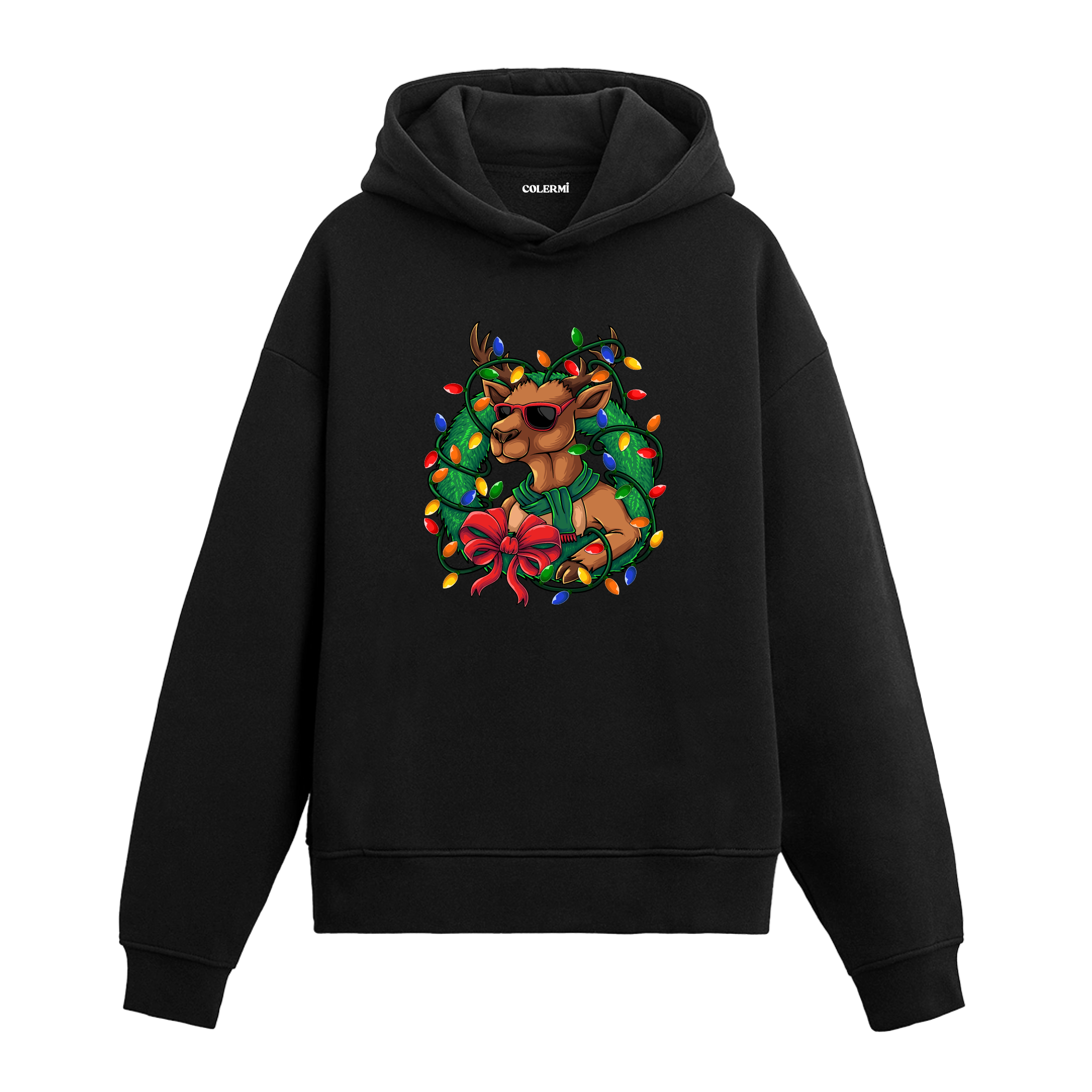 Siyah ışıklı geyik baskılı hoodie, renkli yılbaşı tasarımı, %100 premium pamuk, unisex hoodie