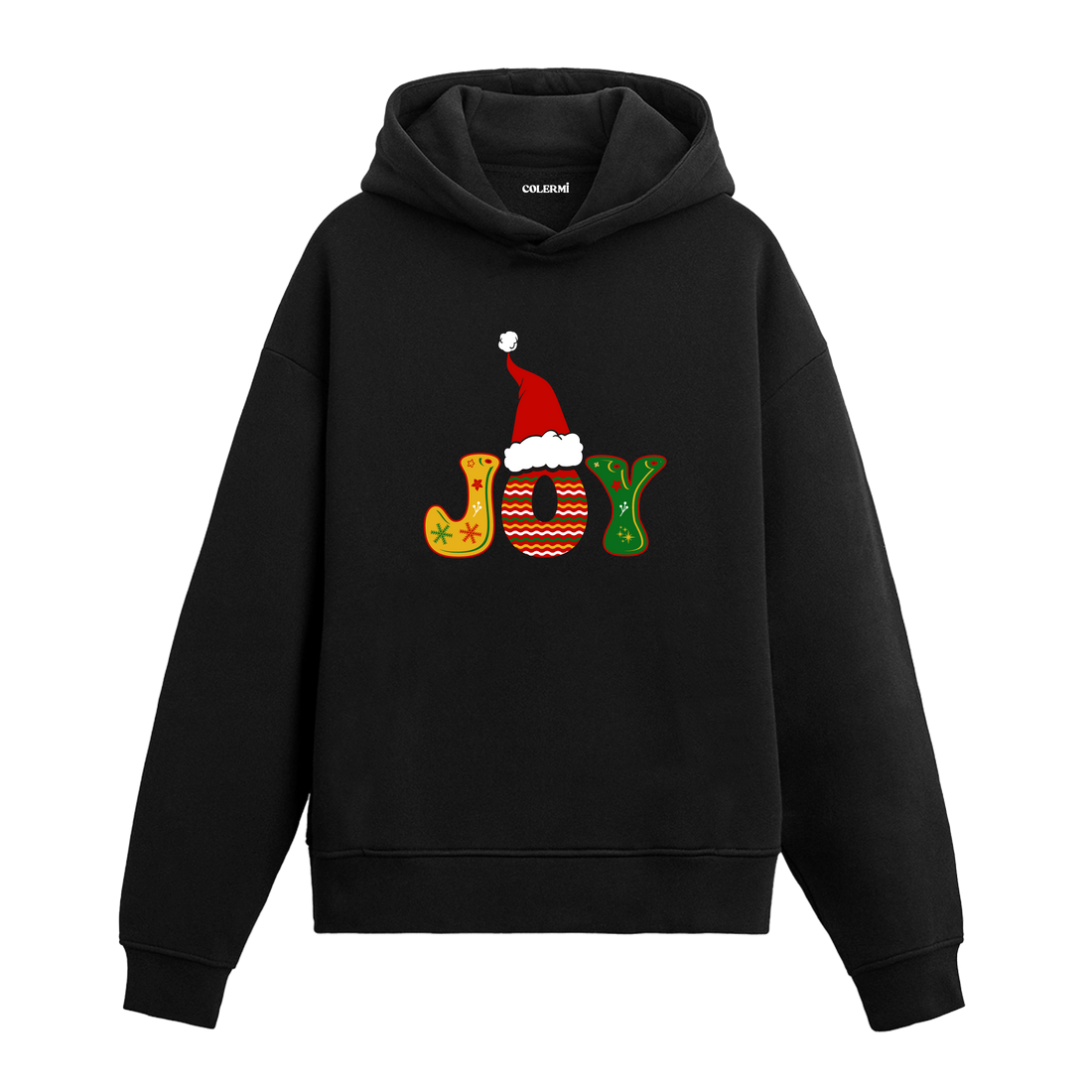 Siyah Joy yazılı Noel baskılı hoodie, Noel şapkalı tasarım, %100 premium pamuk, unisex hoodie