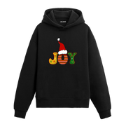 Siyah Joy yazılı Noel baskılı hoodie, Noel şapkalı tasarım, %100 premium pamuk, unisex hoodie