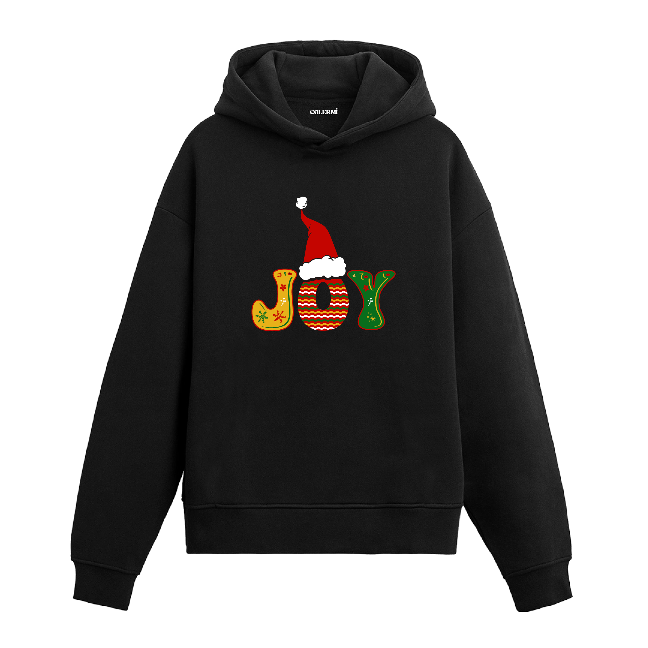 Siyah Joy yazılı Noel baskılı hoodie, Noel şapkalı tasarım, %100 premium pamuk, unisex hoodie