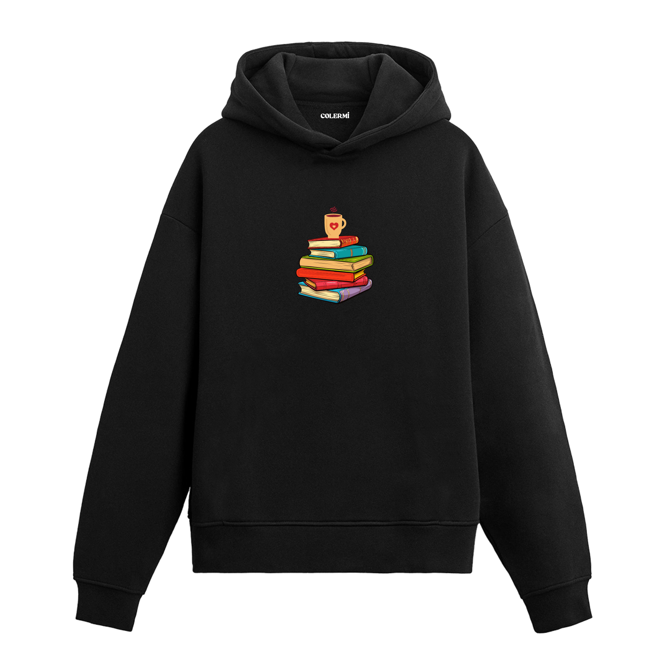 Siyah kitap ve kahve baskılı hoodie, %100 pamuk, unisex, kitap tutkunları için hoodie