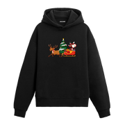 Siyah kızaklı Noel Baba baskılı hoodie, geyik desenli, %100 premium pamuk, unisex hoodie