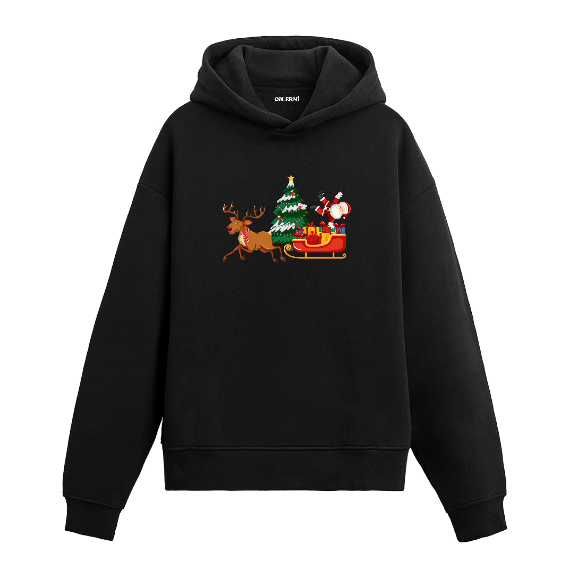 Siyah kızaklı Noel Baba baskılı hoodie, geyik desenli, %100 premium pamuk, unisex hoodie