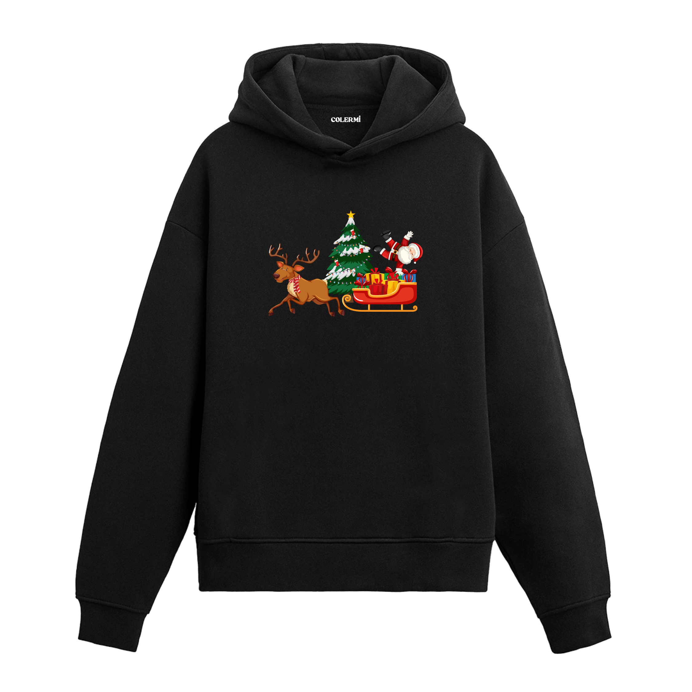 Siyah kızaklı Noel Baba baskılı hoodie, geyik desenli, %100 premium pamuk, unisex hoodie
