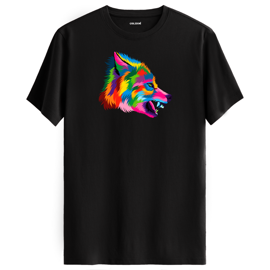 Siyah tişört üzerinde renkli vahşi kurt baskısı